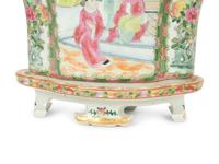A Pair of Rose Canton Porcelain Oval Jardinieres on Conforming Footed Bases