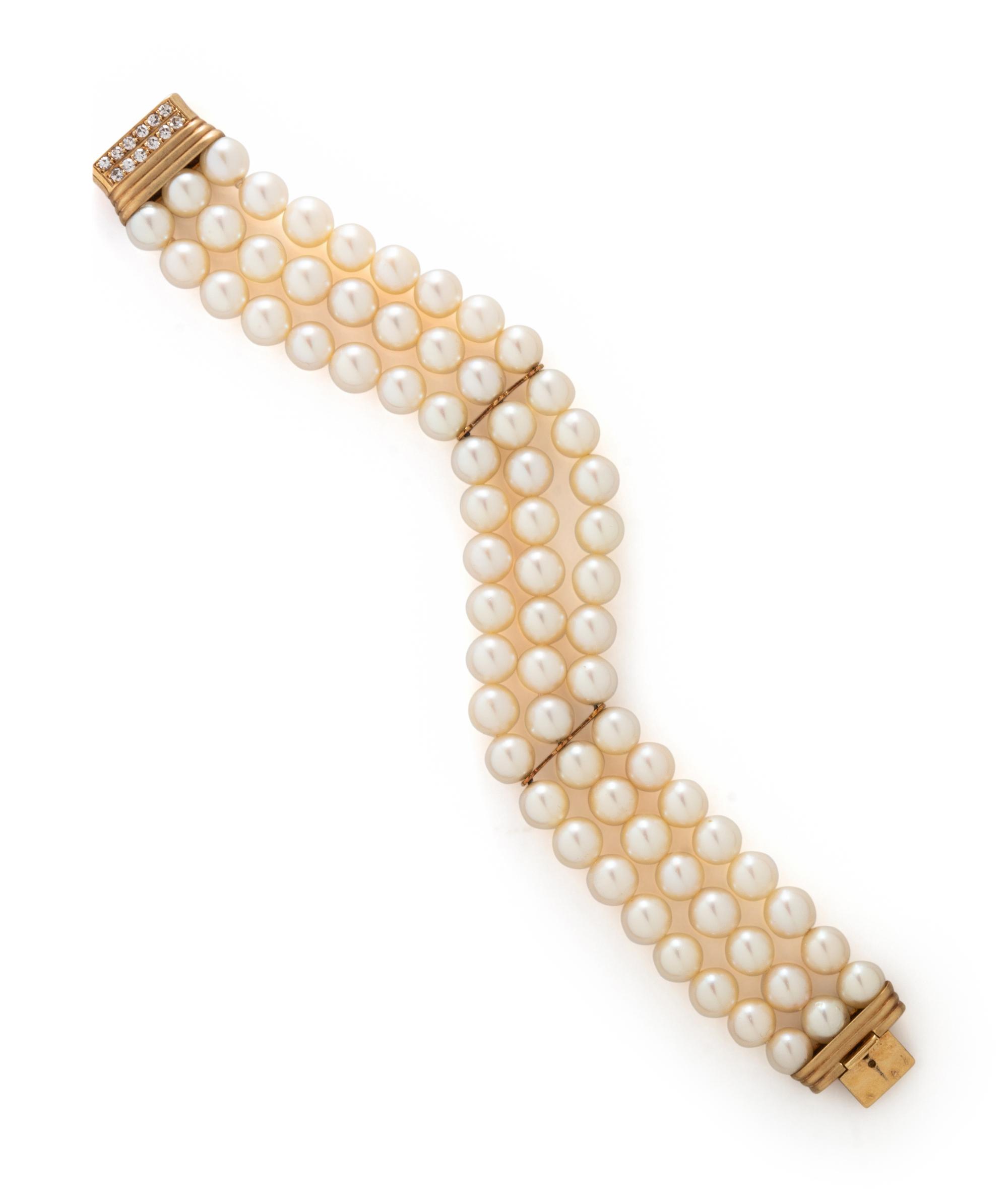 CULTURED PEARL, DIAMOND, AND YELLOW GOLD MULTISTRAND BRACELET