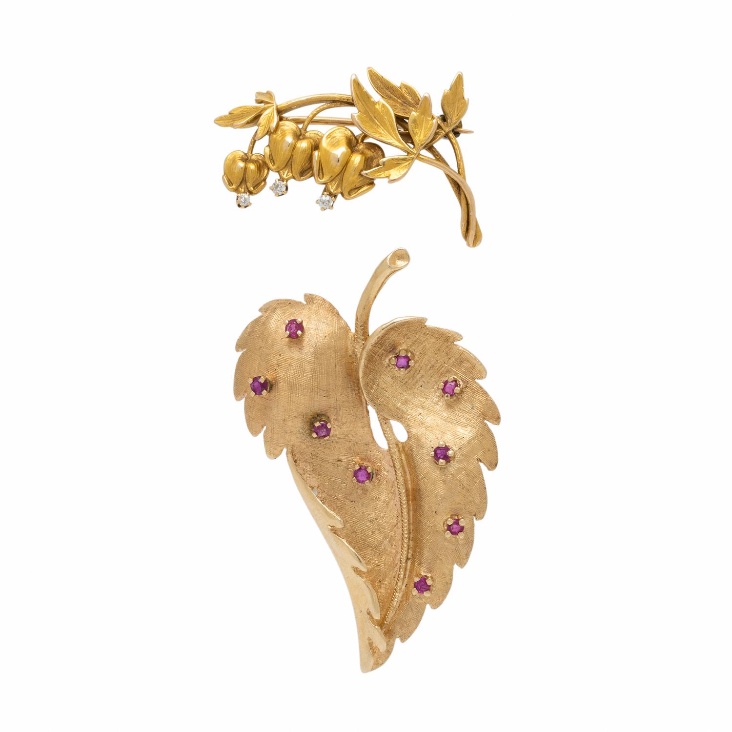 Two Yellow Gold Foliate Brooches