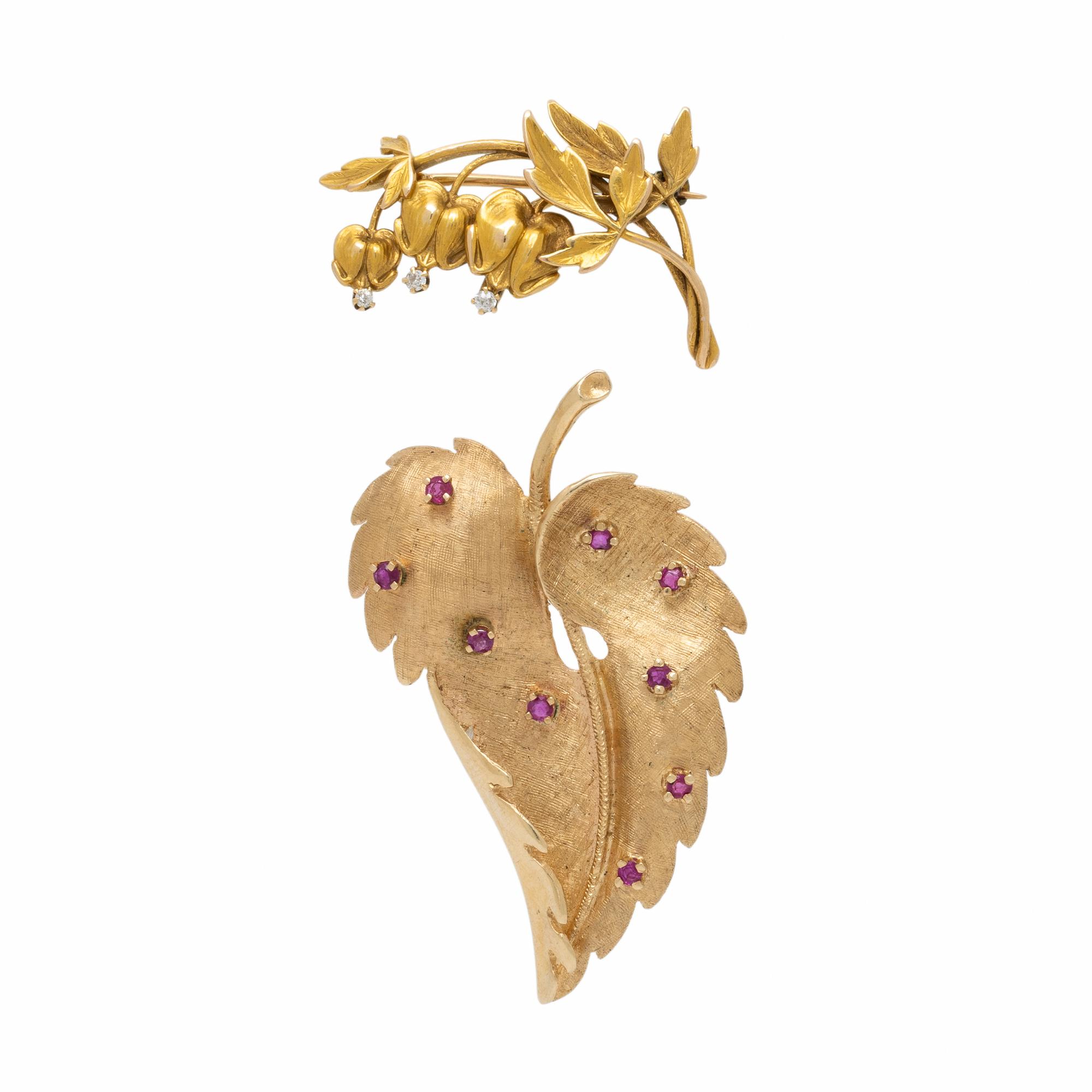 Two Yellow Gold Foliate Brooches