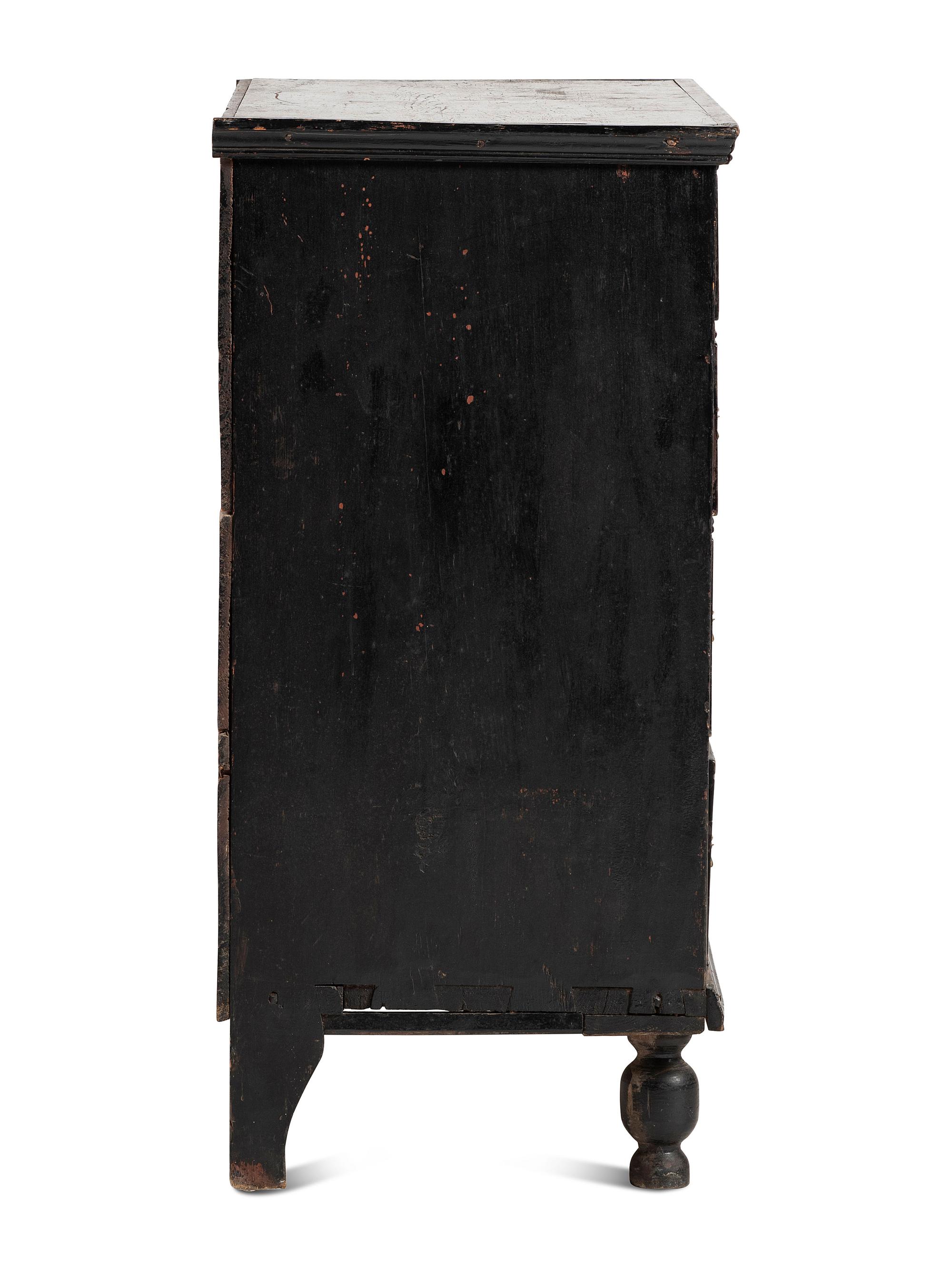 A William and Mary Black Painted Maple and Pine Chest of Drawers