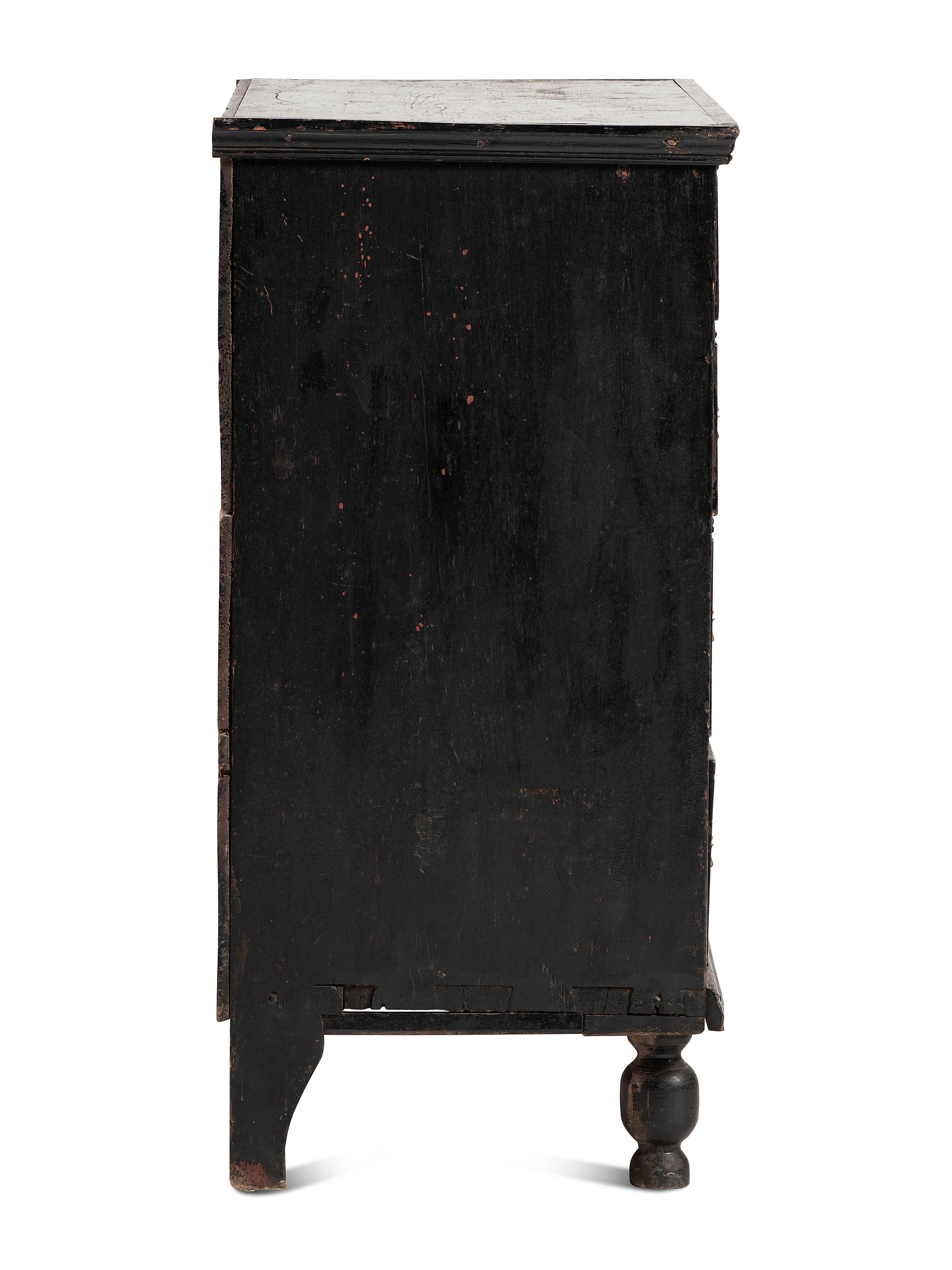 A William and Mary Black Painted Maple and Pine Chest of Drawers