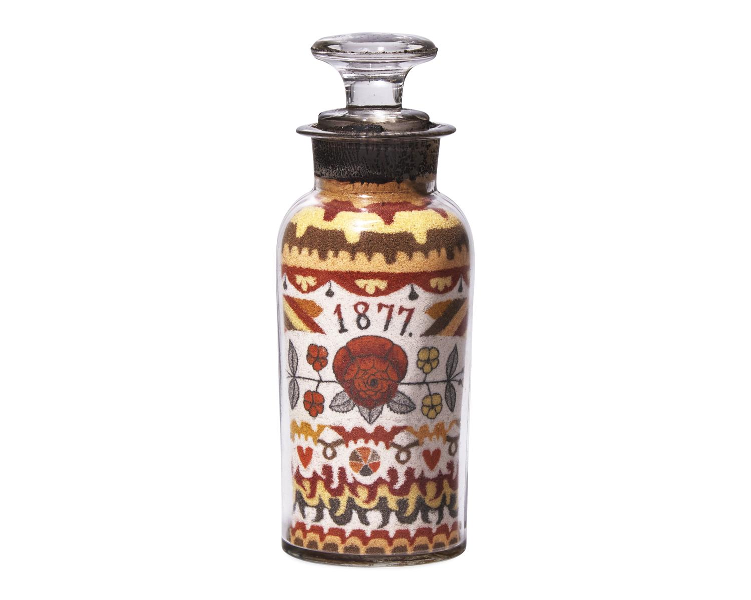 A Sand Art Bottle, Andrew Clemens (1857-1894), McGregor, Iowa, Dated "1877"