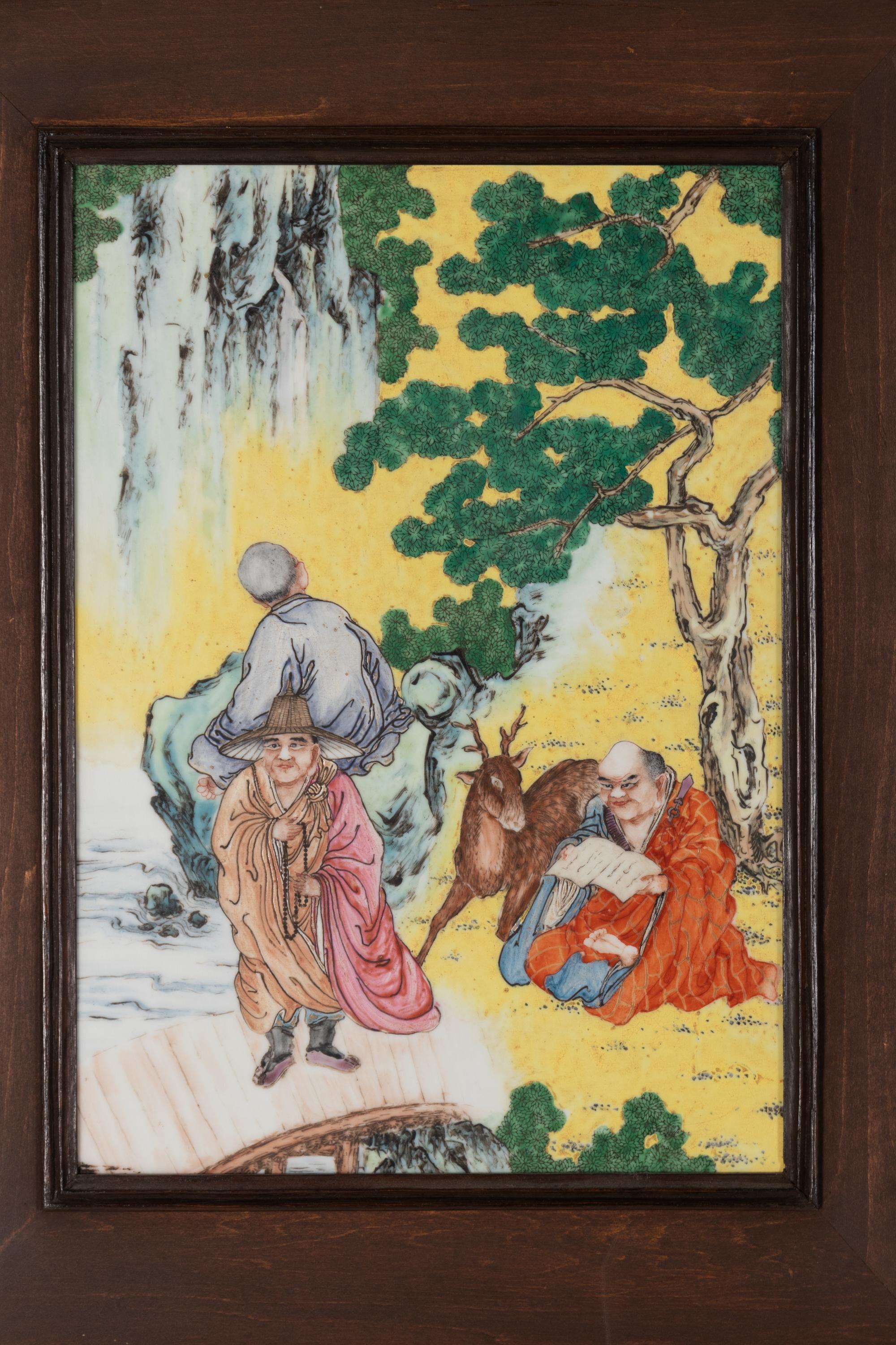 A Pair of Chinese Famille Rose Porcelain Inset Hardwood Wall Panels