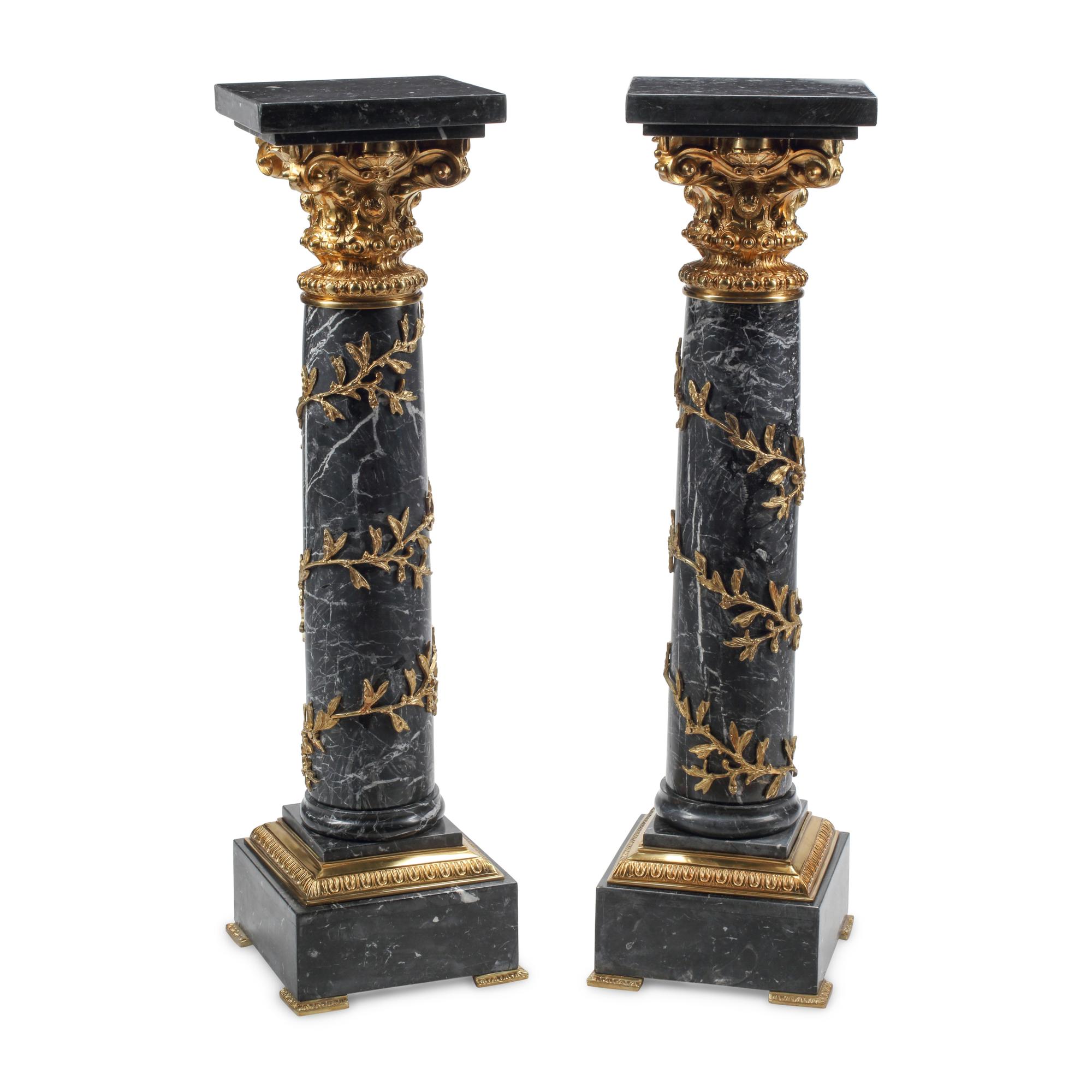 A Pair of Louis XV Style Gilt Bronze Mounted Marble Pedestals