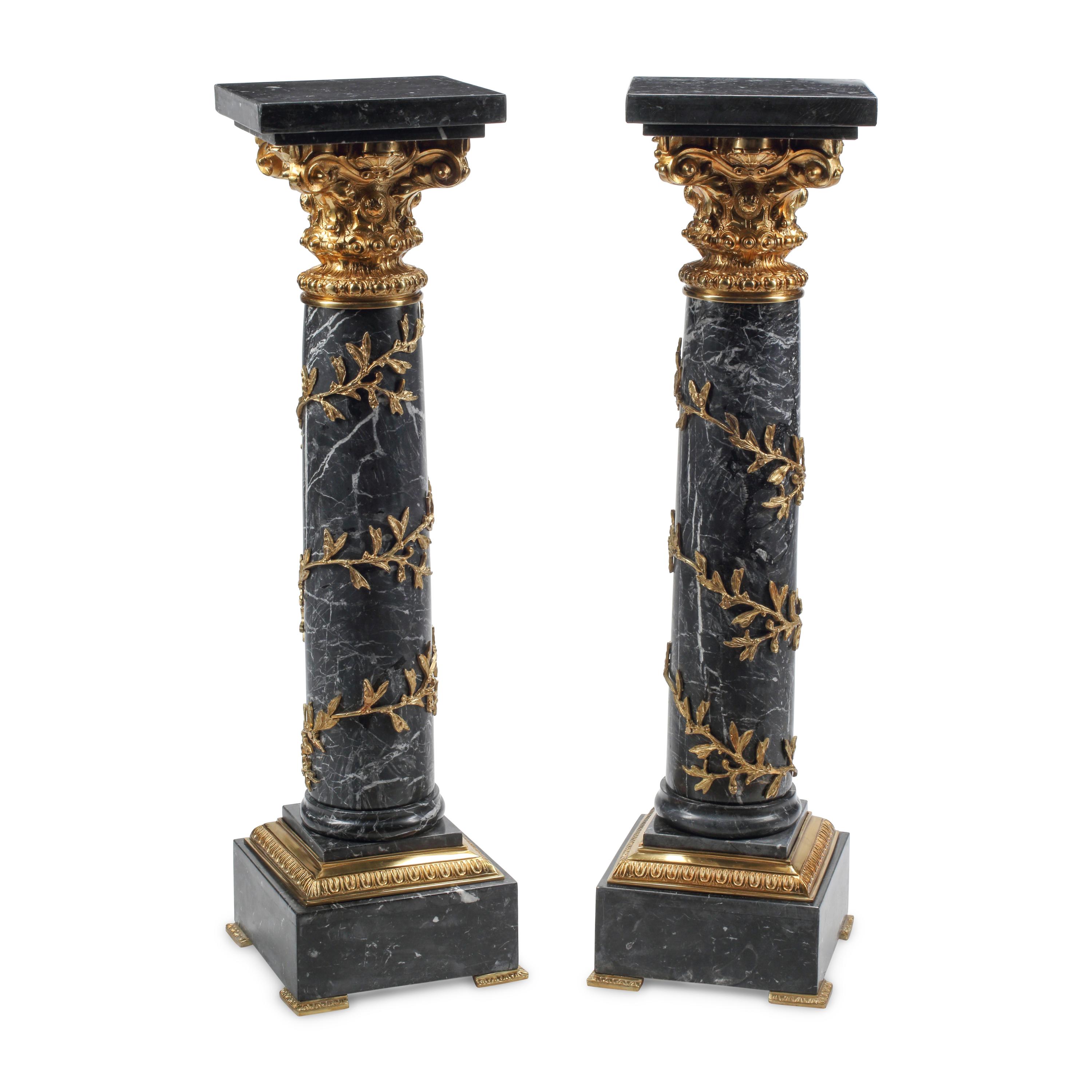 A Pair of Louis XV Style Gilt Bronze Mounted Marble Pedestals