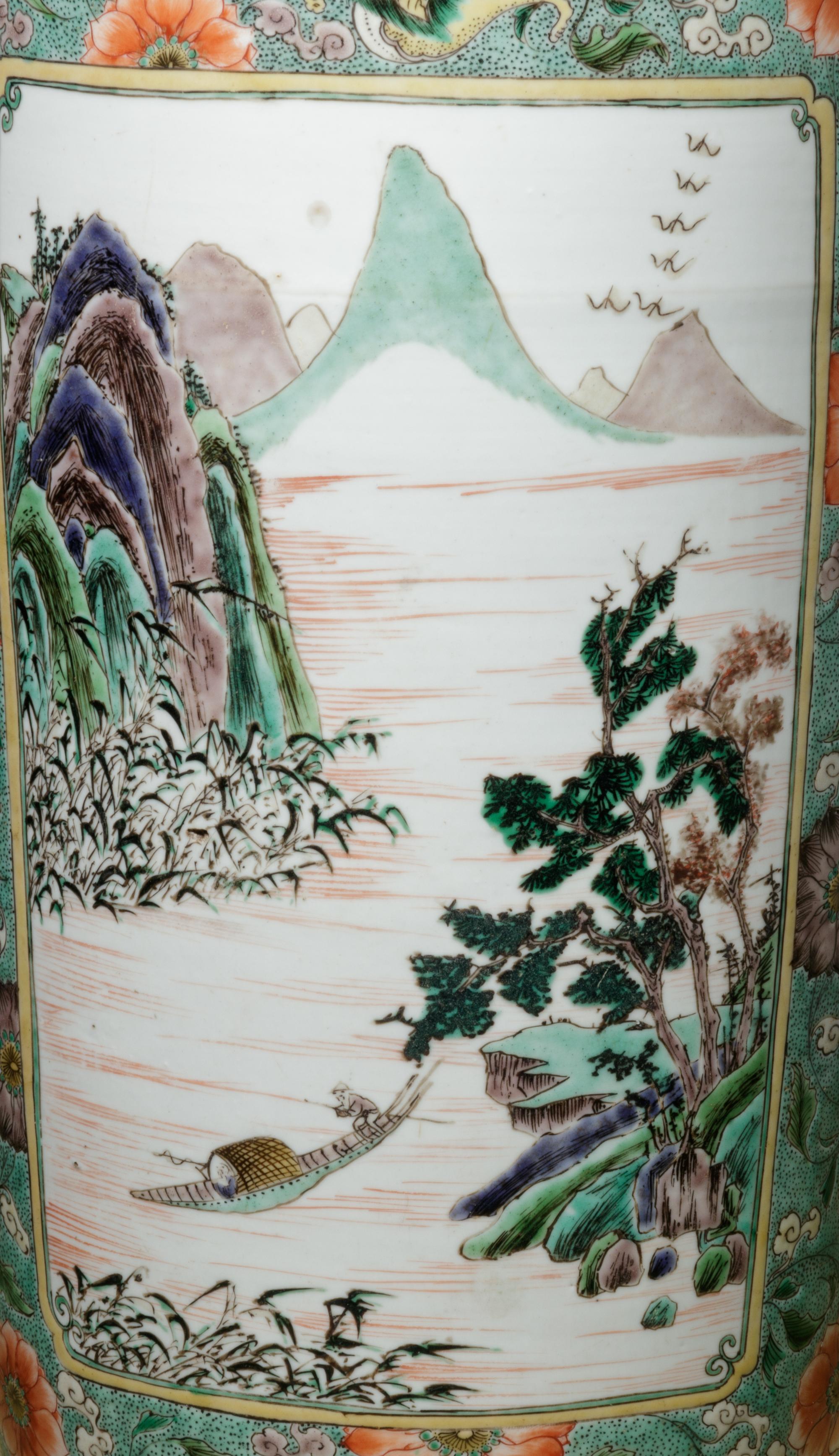 A Famille Verte Porcelain Rouleau Vase