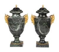 A Pair of Louis XVI Style Gilt Bronze Mounted Marble Urns