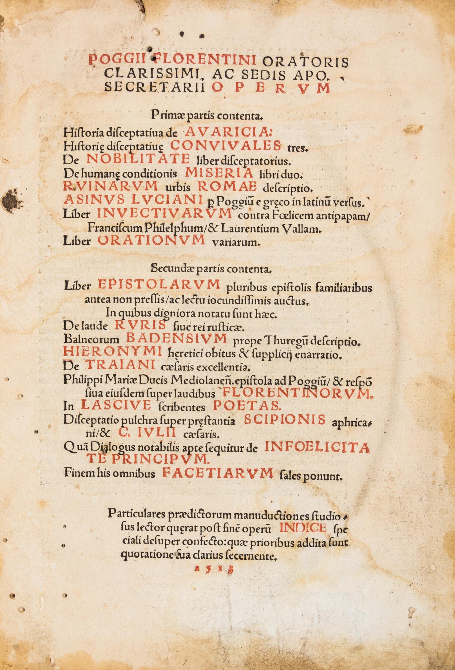 BRACCIOLINI, POGGIO. Poggii Florentini Oratoris Clarissimi... Argentinae, 1513. 2 parts in one.