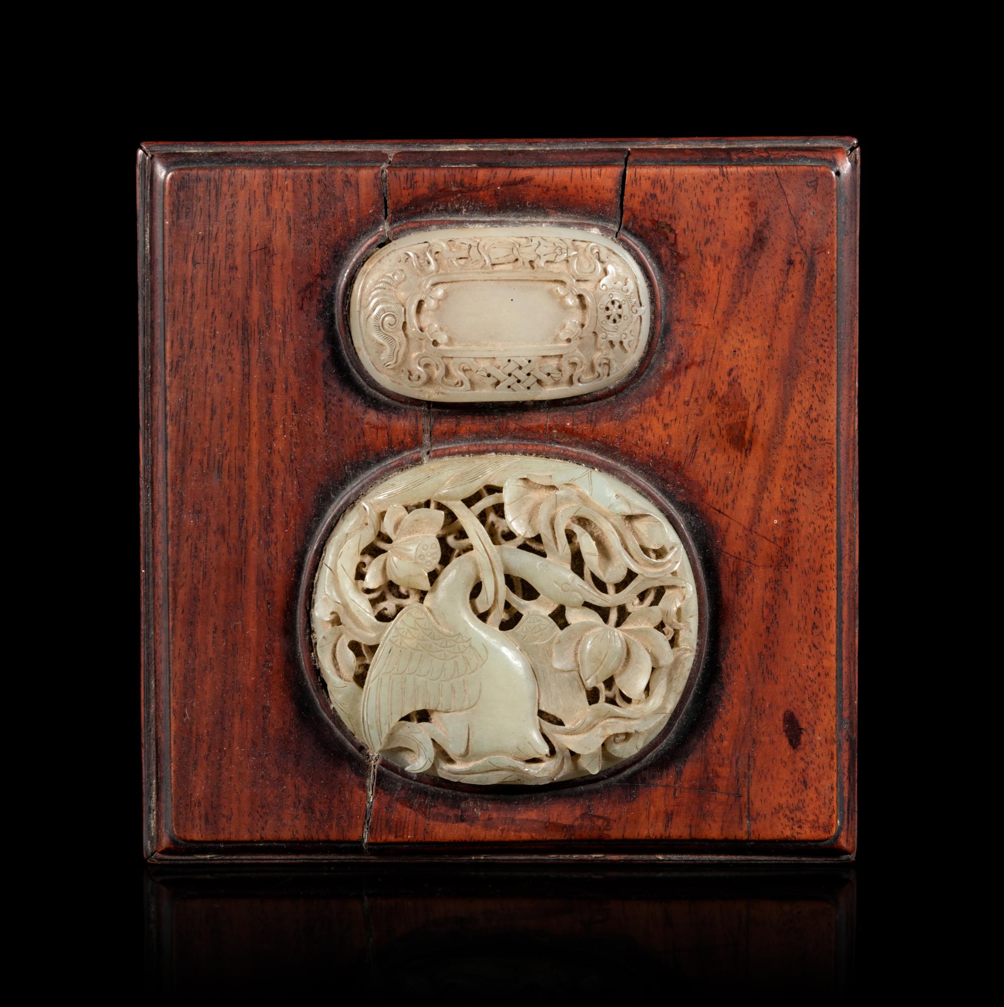 A Celadon Jade Inset Huanghuali Wood Cover Box