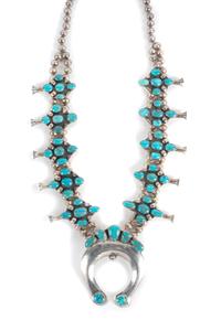 Southwestern Silver and Turquoise Squash Blossom Necklace Length 26 inches