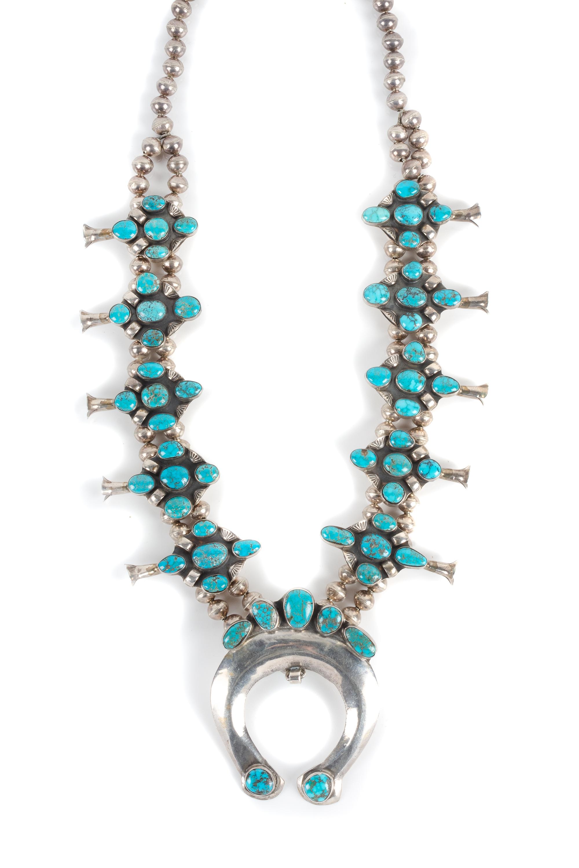 Southwestern Silver and Turquoise Squash Blossom Necklace Length 26 inches