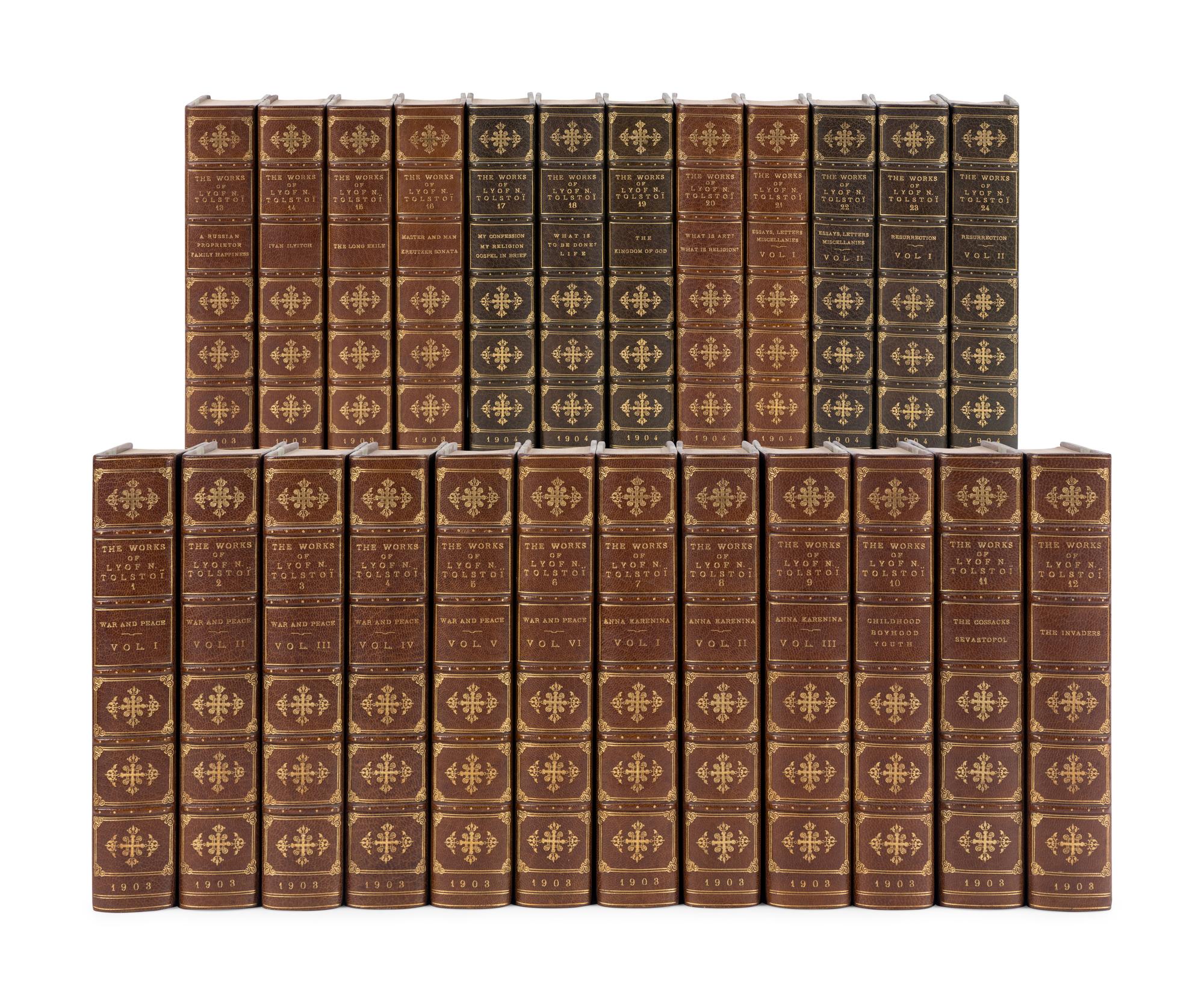 TOLSTOY, Lev Nikolayevich, Count (1828-1910). The Novels & Other Works of Lyof N. Tolstoi . New York: Charles Scribner’s Sons, 1903-1904.