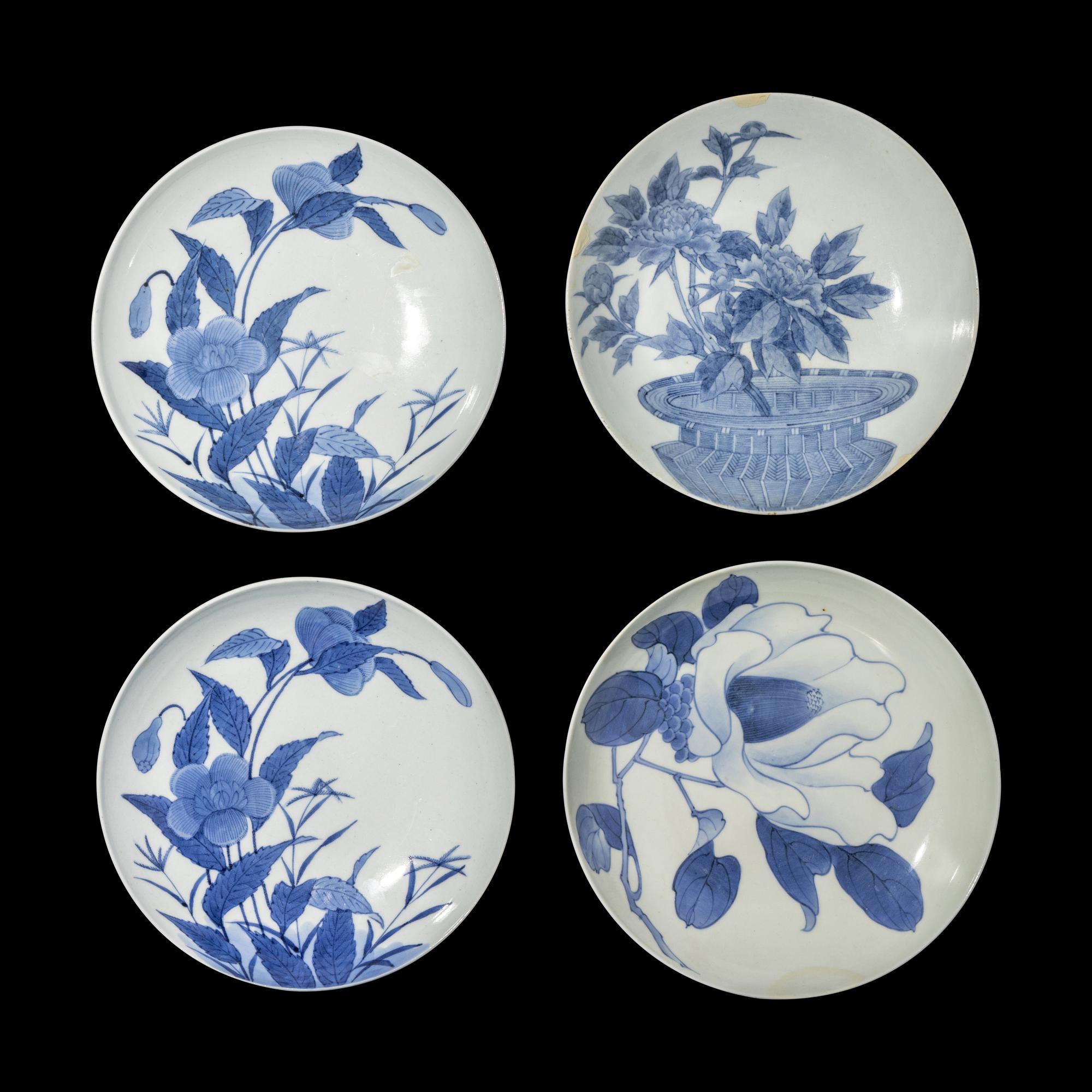 Four Japanese Nabeshima Style Porcelain 'Flowers' Plates, Edo Period