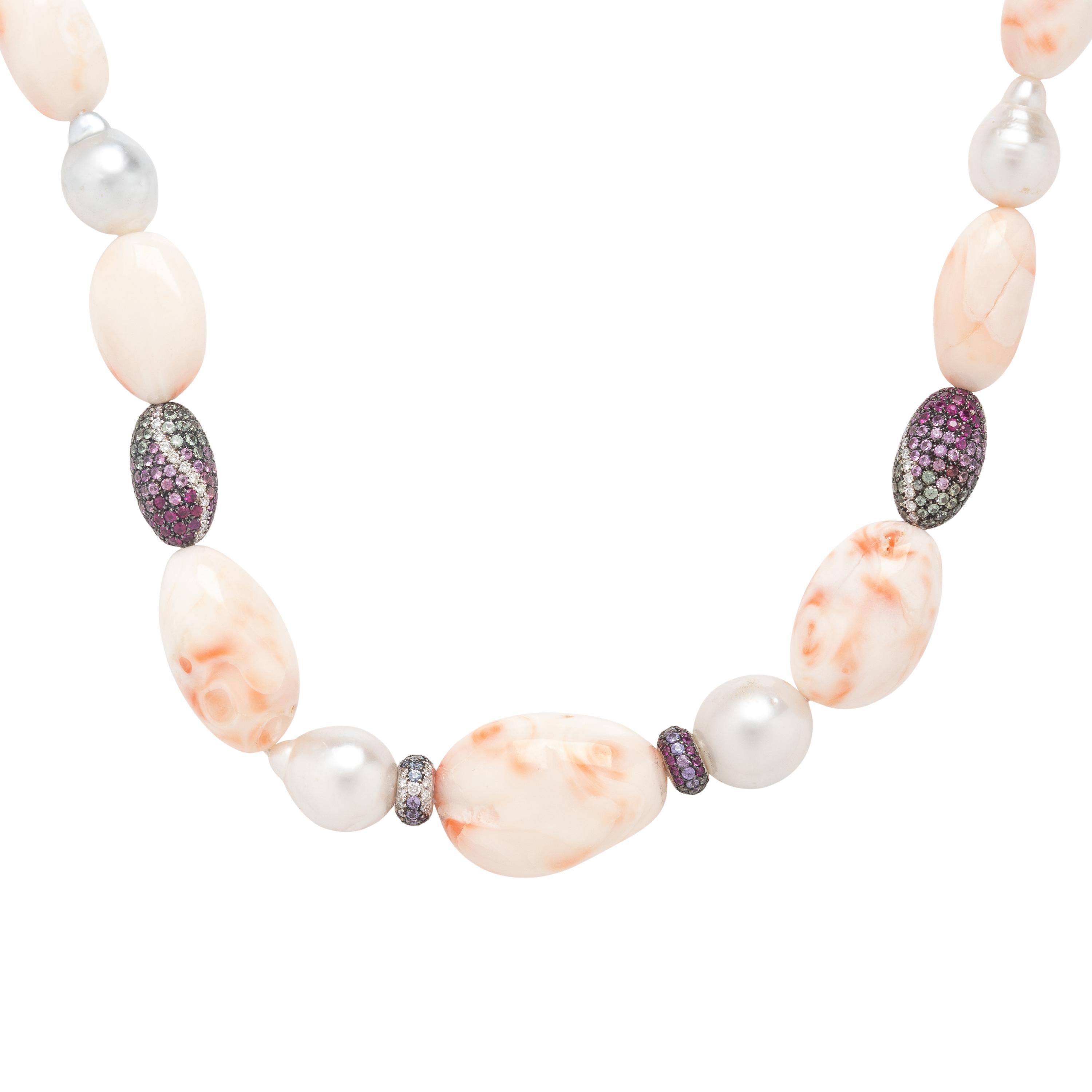 Coral, Cultured Pearl, and Multigem Beaded Necklace