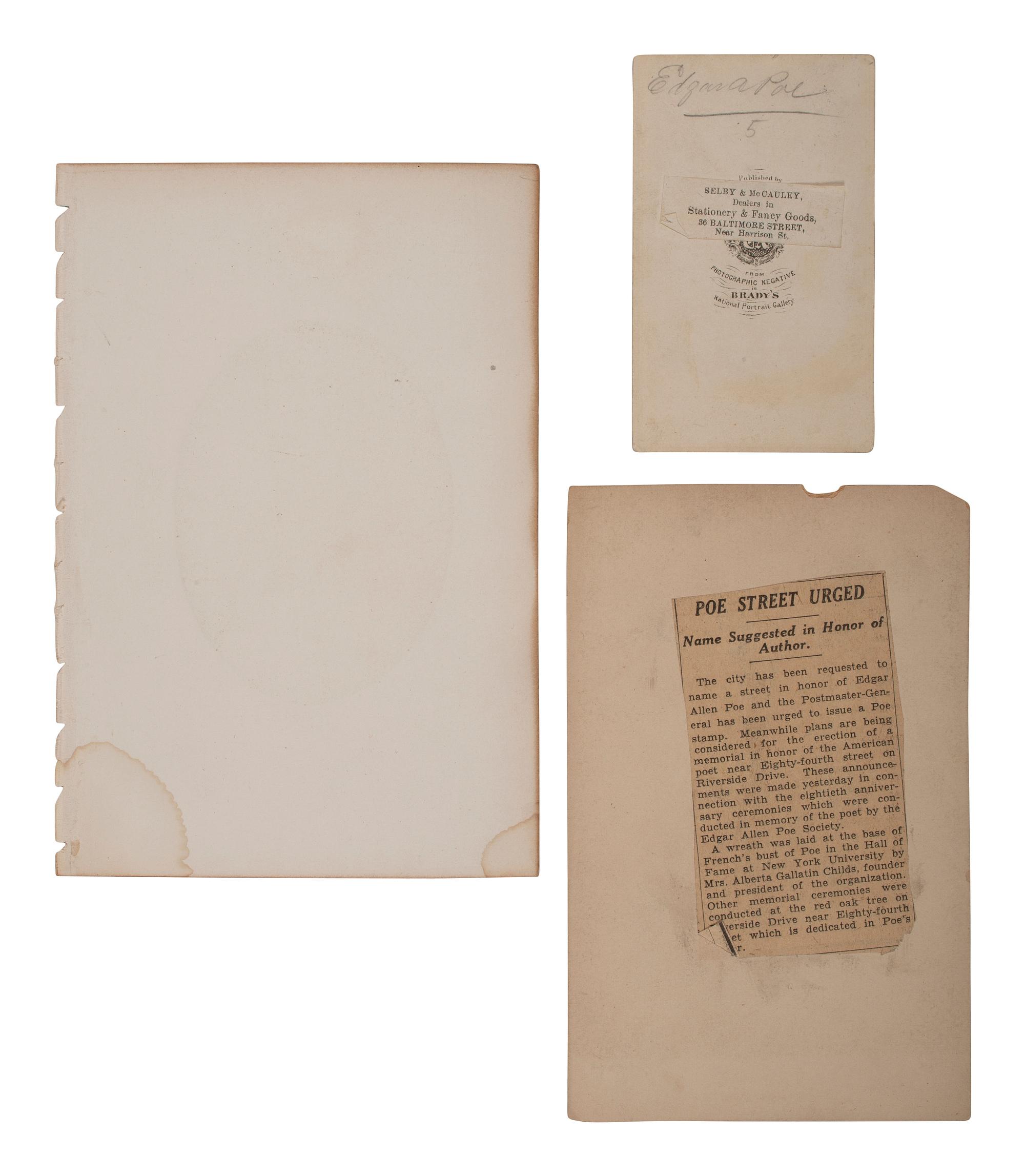 [POE, EDGAR ALLAN (1809-1849)]. Three portraits of Edgar Allan Poe, incl. Brady/Anthony CDV.