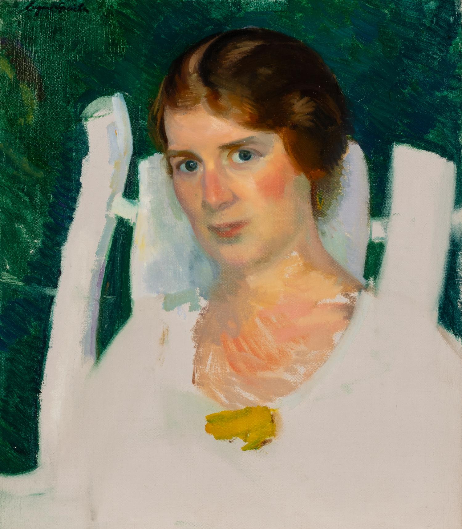 Untitled (woman against green background)