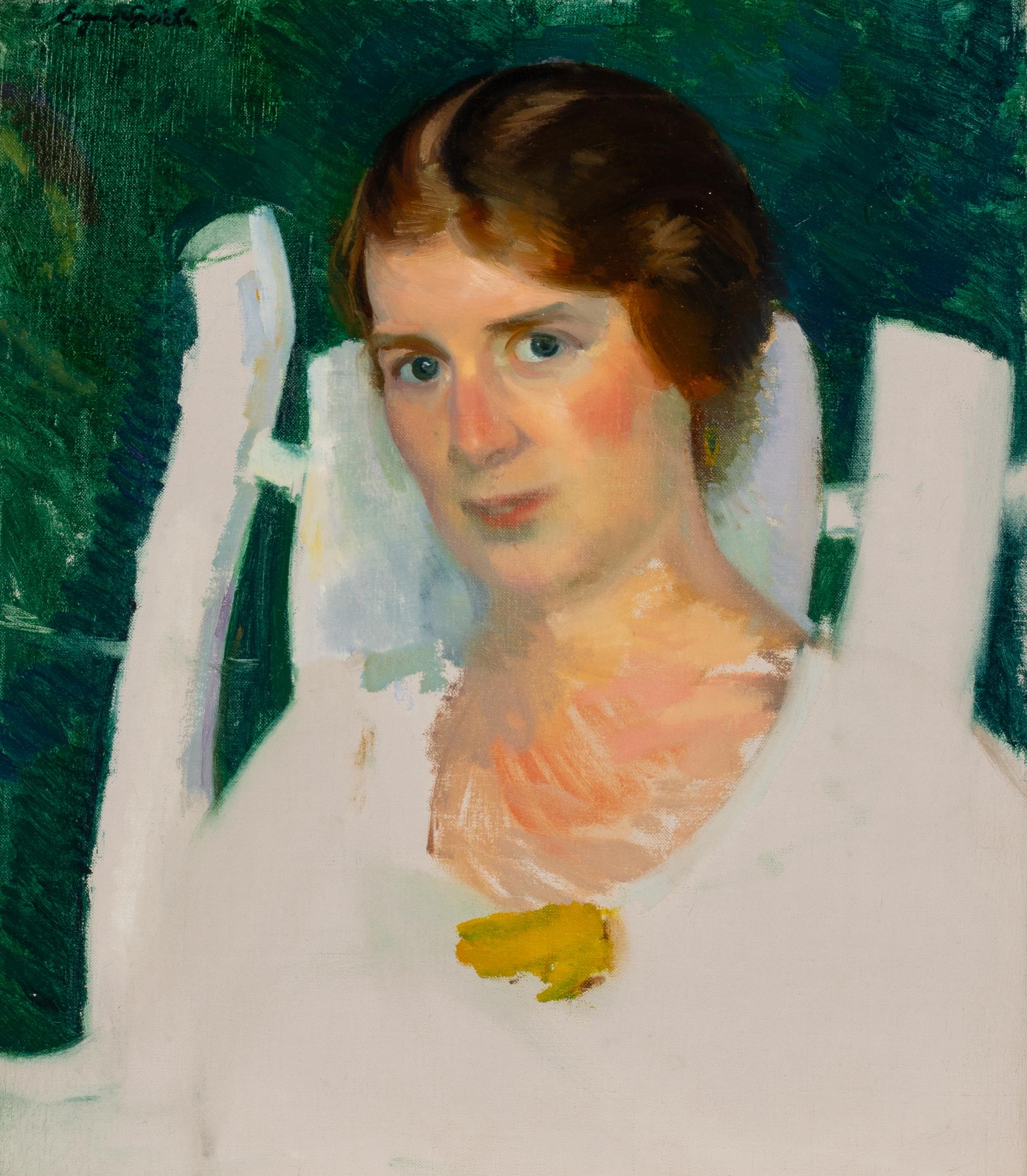 Untitled (woman against green background)