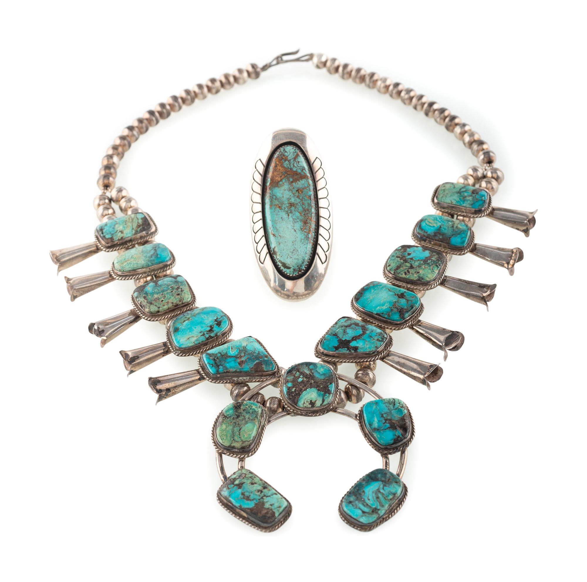 Navajo Silver and Turquoise Ring, PLUS Southwestern-Style Squash Blossom Necklace
