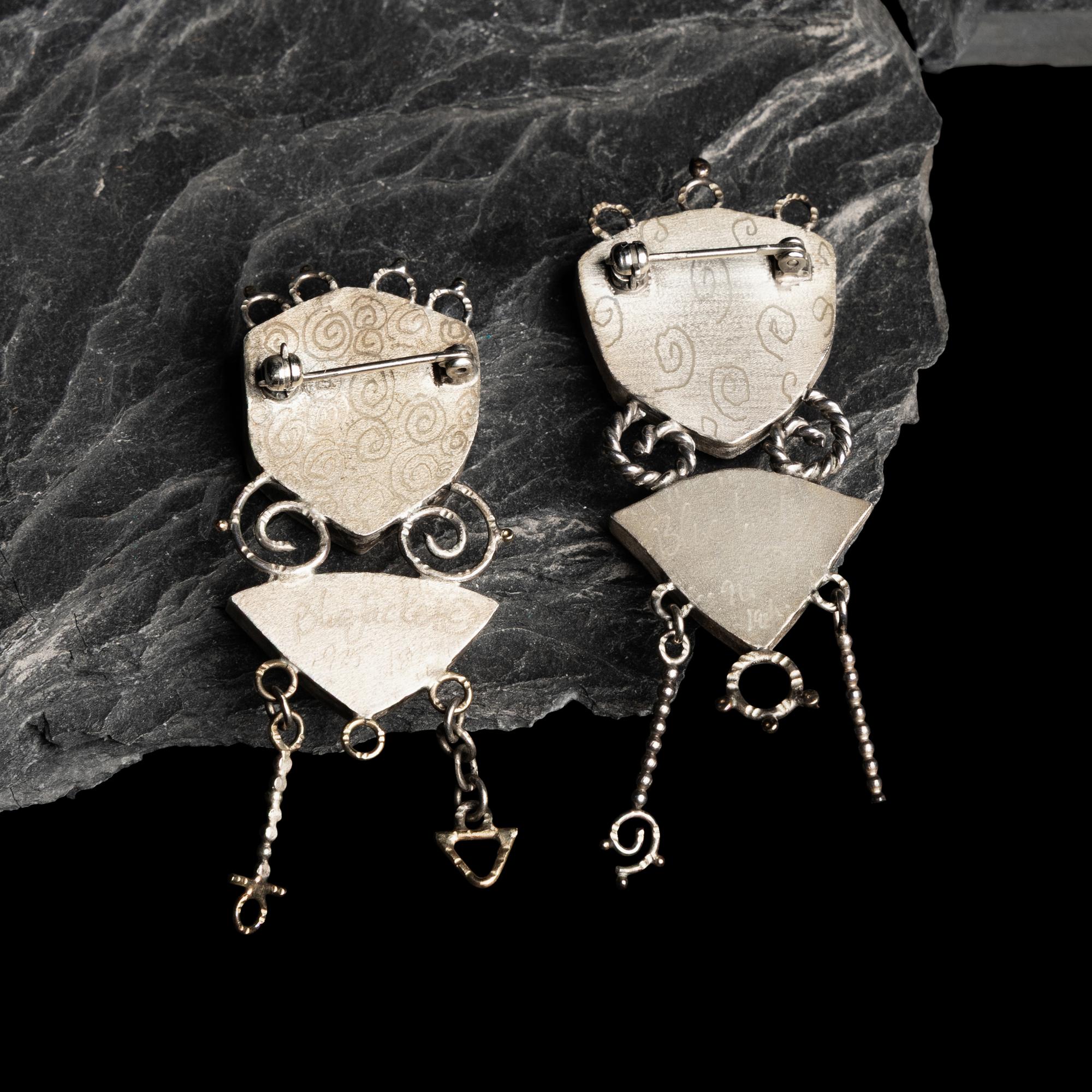 Shawn Blue Jacket (Shawnee, b. 1962) — Sterling Silver and Tourmaline Pins with Gold Accents