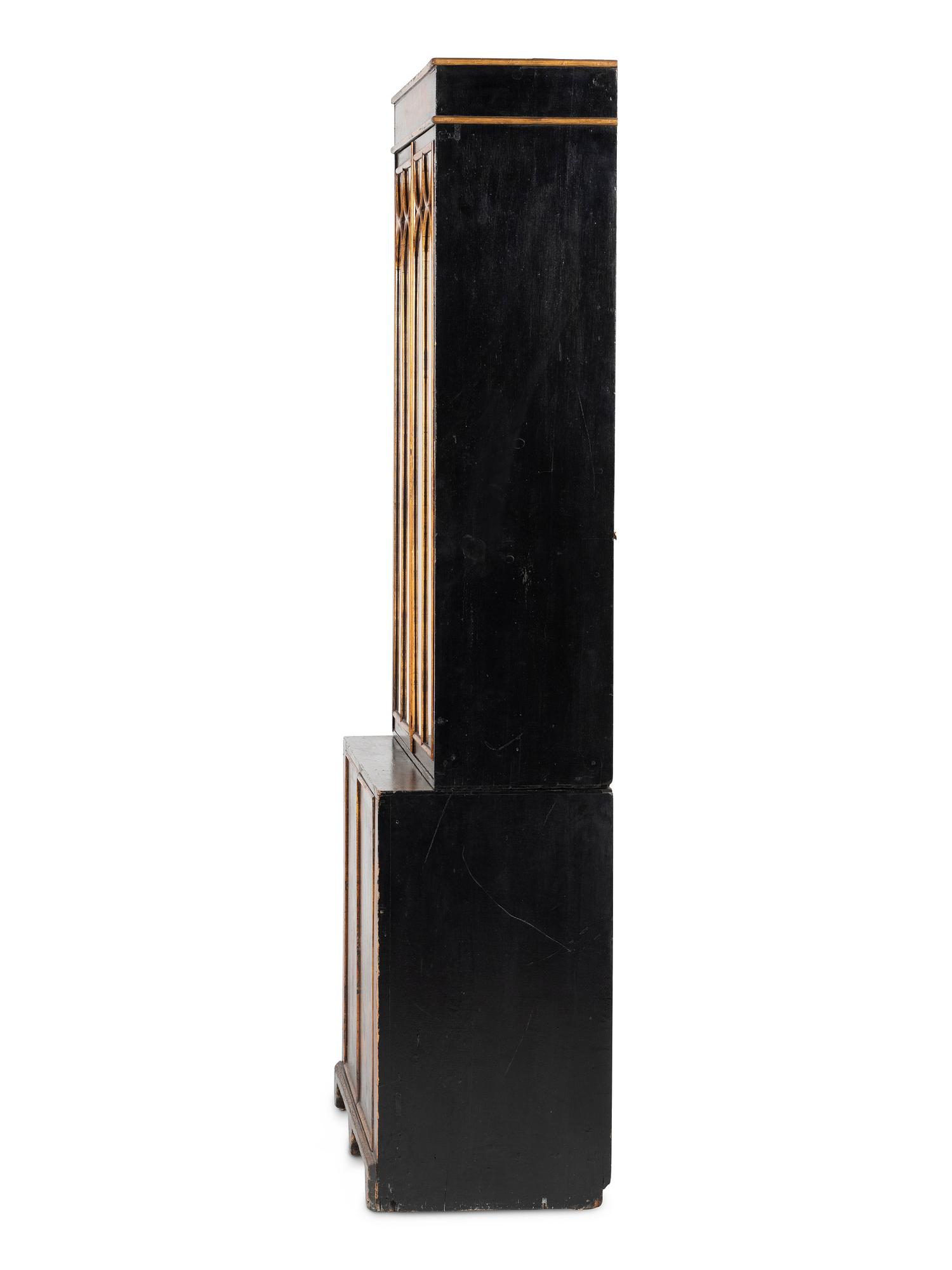 A Regency Black Lacquered and Parcel Gilt Vernis Martin Decorated Step-Back Cabinet