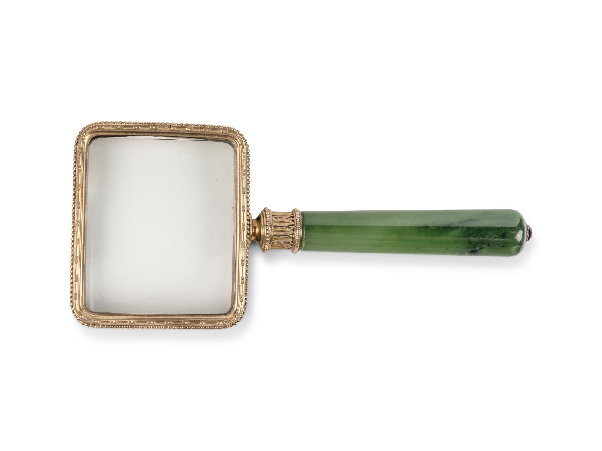 A Fabergé Silver-Gilt and Carved Nephrite Jade Magnifying Glass