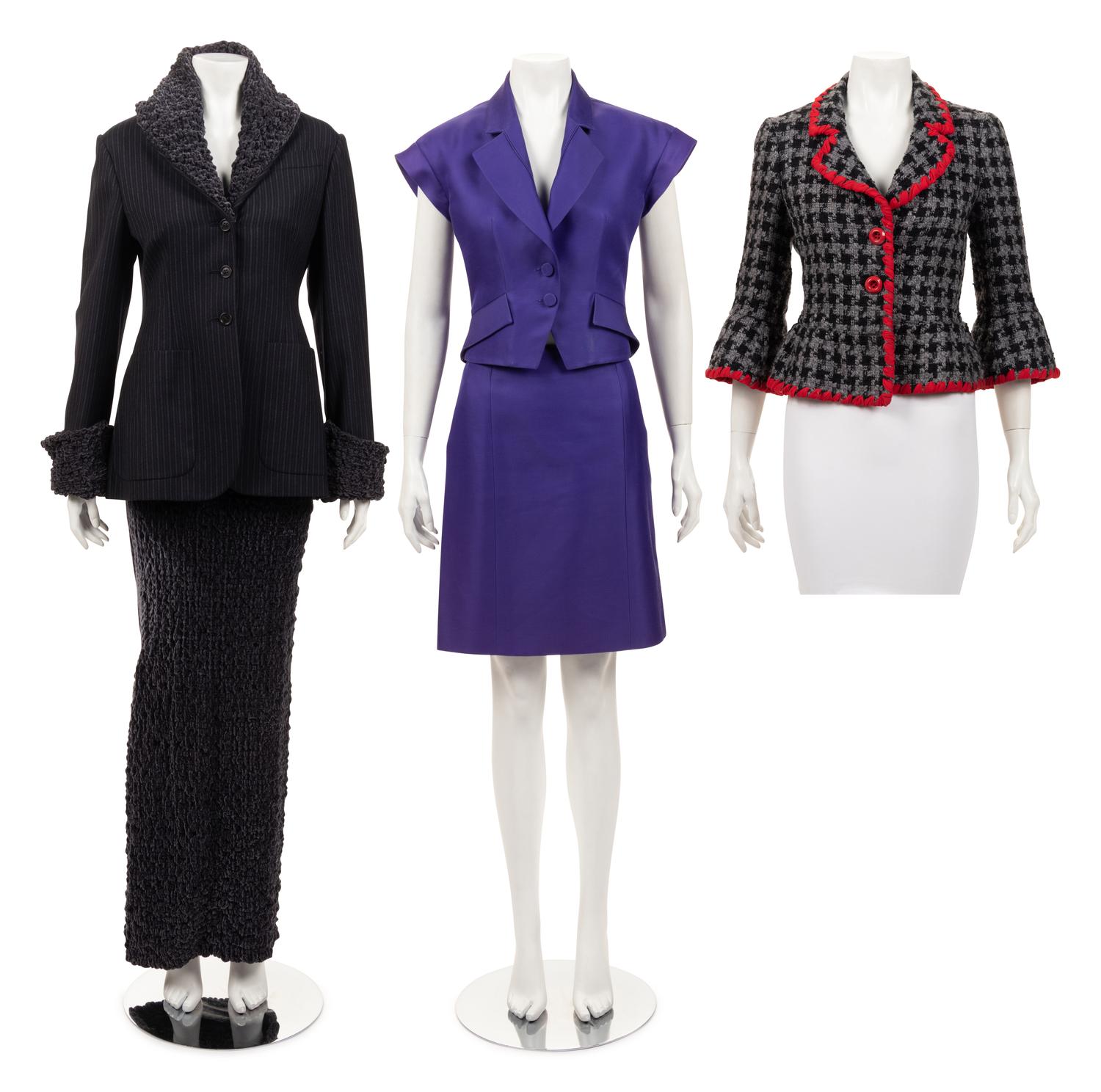Five Designer Pieces: One Romeo Gigli Skirt Suit, One Celine Skirt Suit, and One Moschino Jacket, 1990-2010s