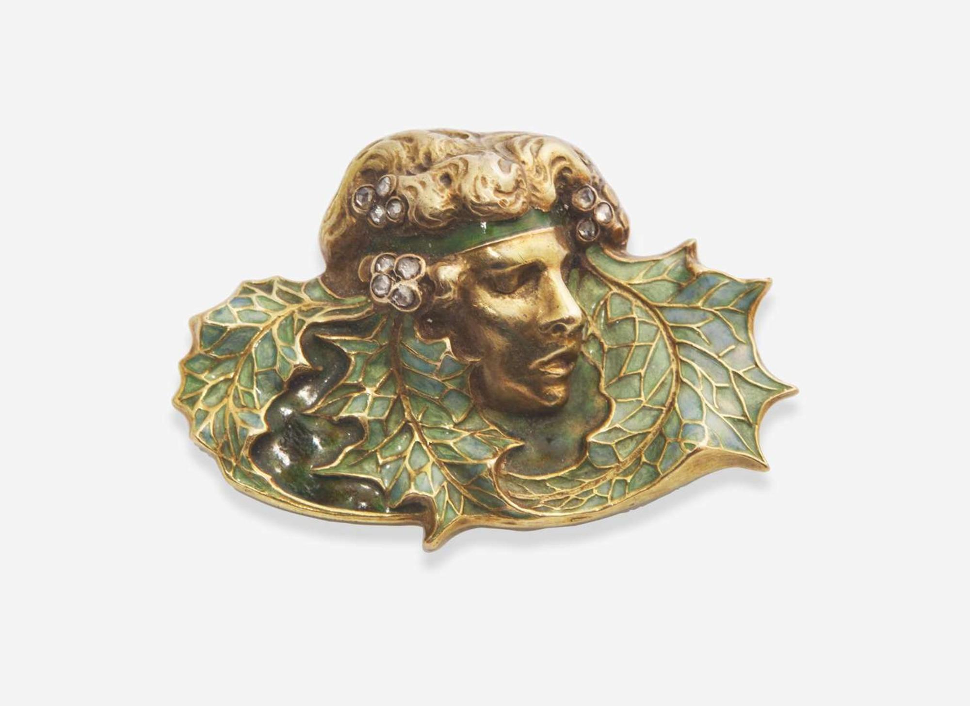 An 18K Yellow Gold, Enamel, and Diamond Lalique Brooch.
