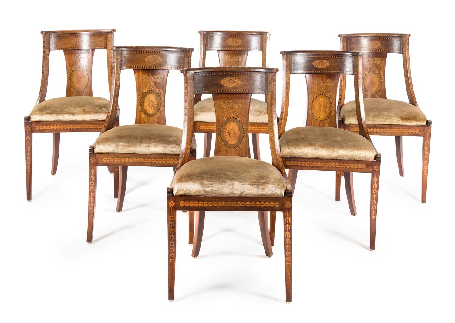 A Set of Six Regency Style Marquetry Dining Chairs Height 32 inches. — 19TH CENTURY