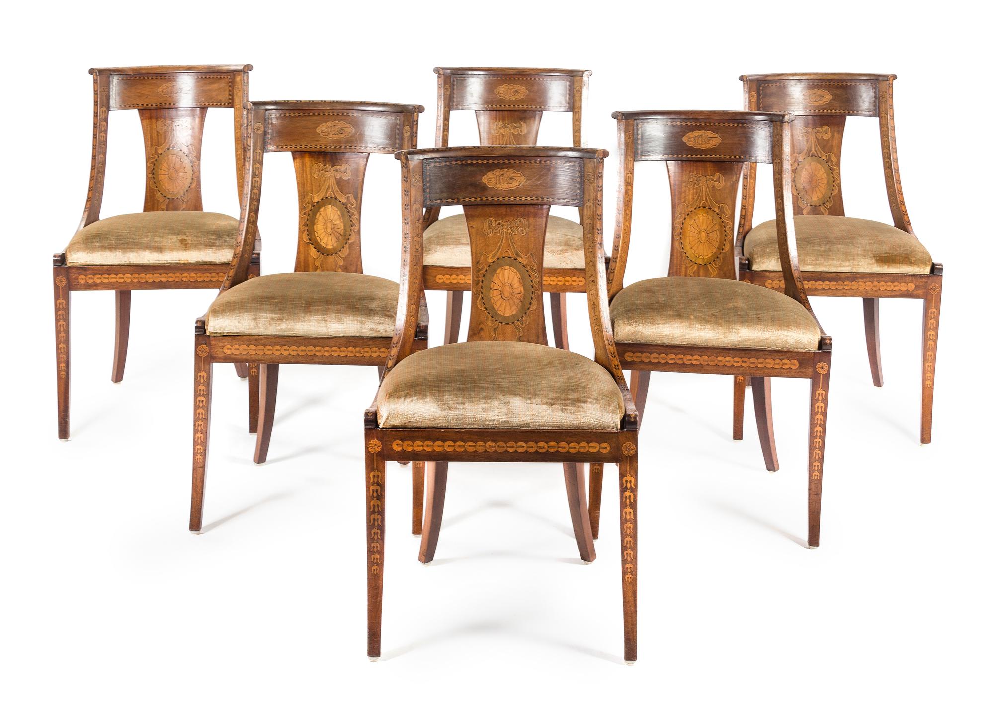 A Set of Six Regency Style Marquetry Dining Chairs Height 32 inches. — 19TH CENTURY