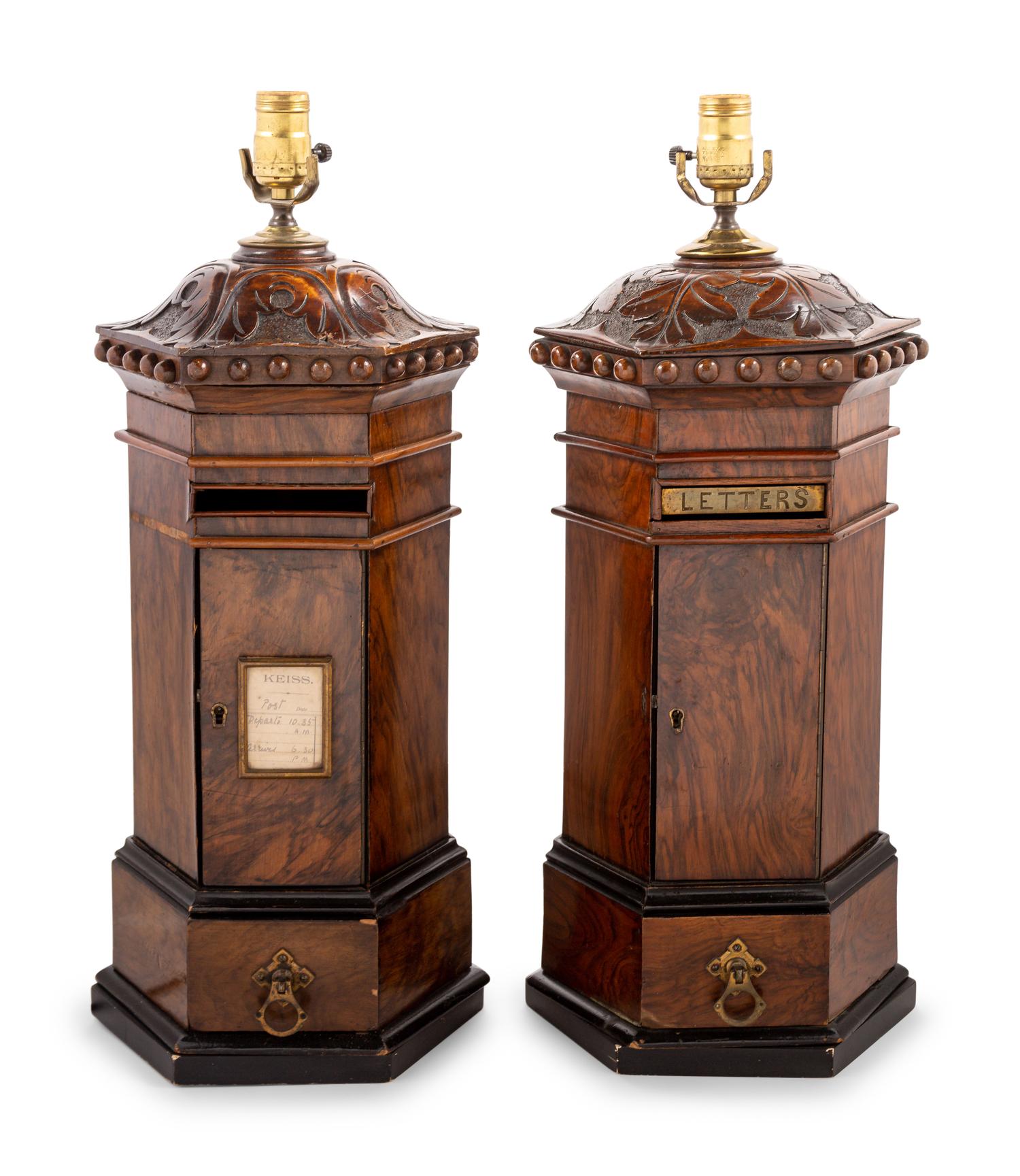 A Pair of English Mahogany Letterboxes Converted to Lamps