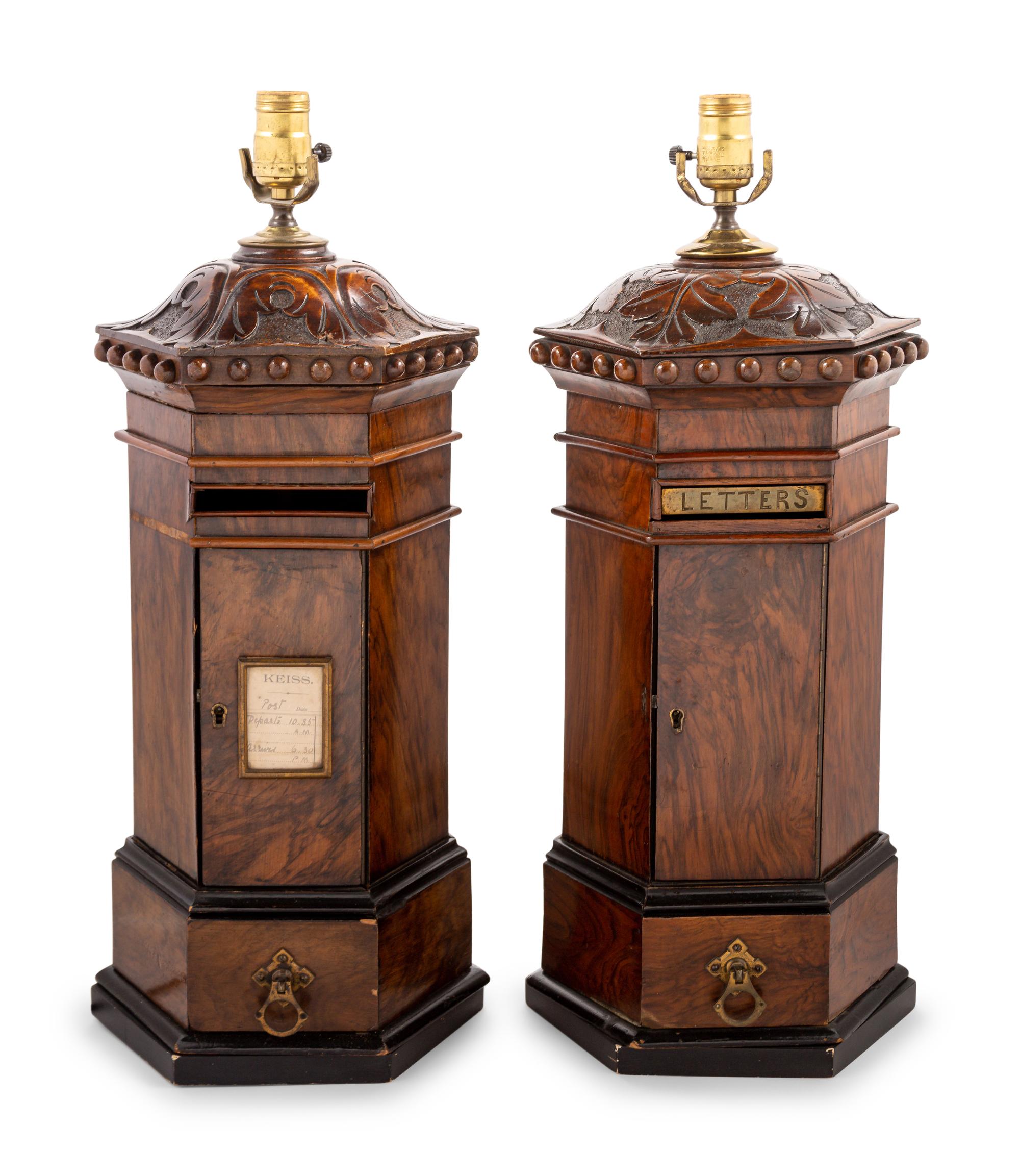 A Pair of English Mahogany Letterboxes Converted to Lamps