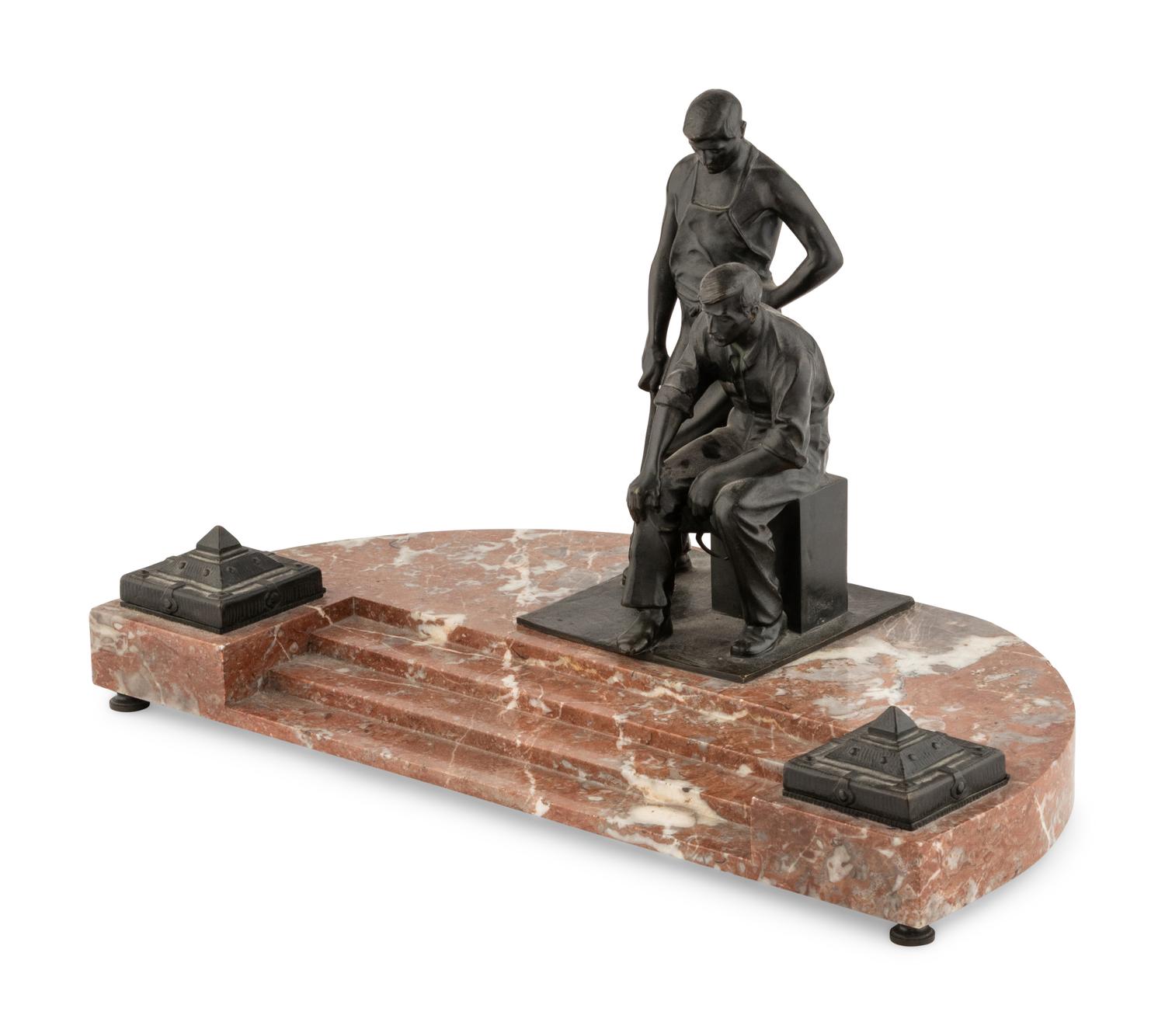 A Carl Brose Bronze and Marble Inkwell