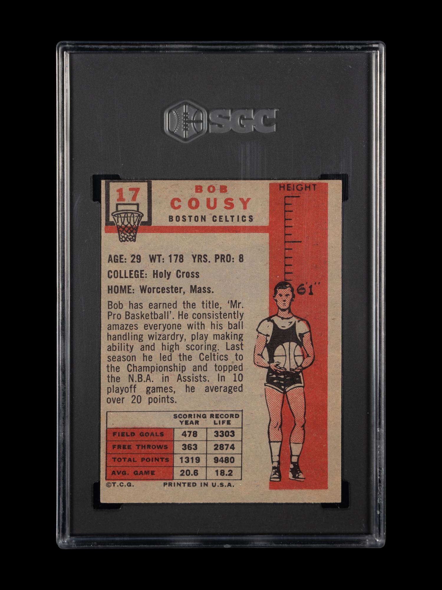 A 1957 Topps Bob Cousy Rookie Basketball Card No. 17 (SGC 2 GOOD)