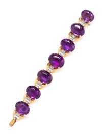 A Retro Rose Gold, Platinum, Amethyst and Diamond Bracelet,