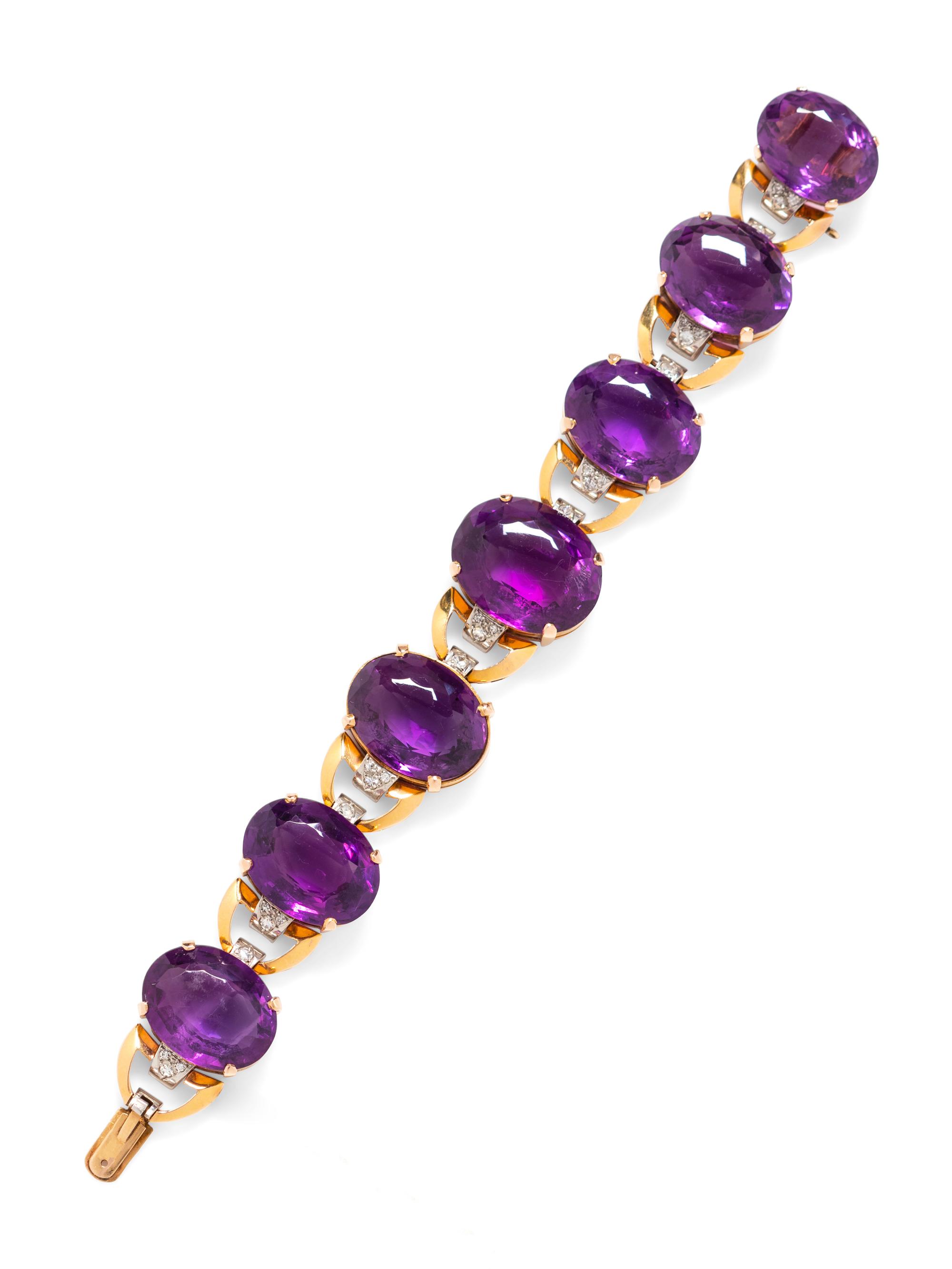 A Retro Rose Gold, Platinum, Amethyst and Diamond Bracelet,