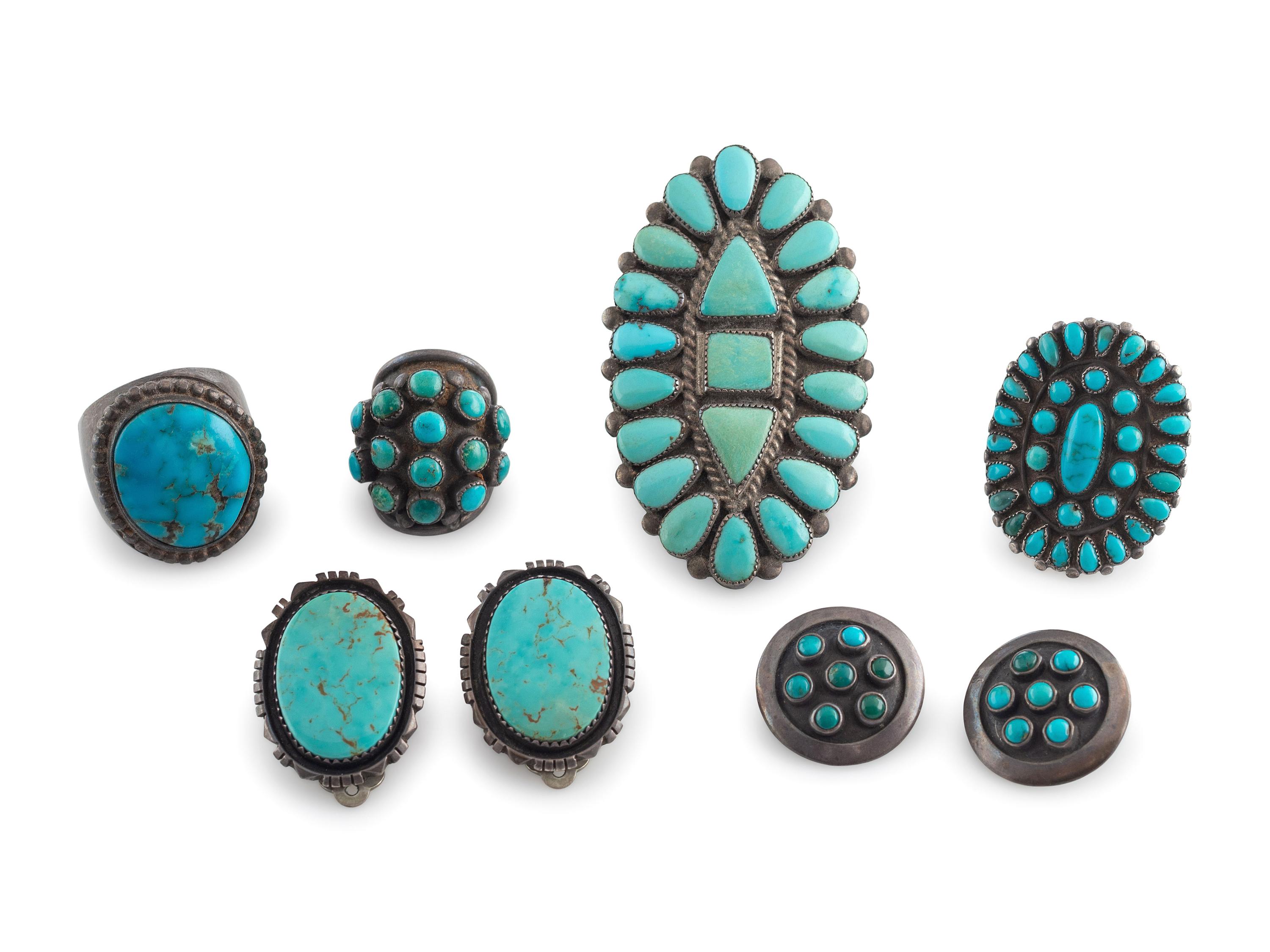Group of Navajo and Zuni Silver and Turquoise Rings and Earrings