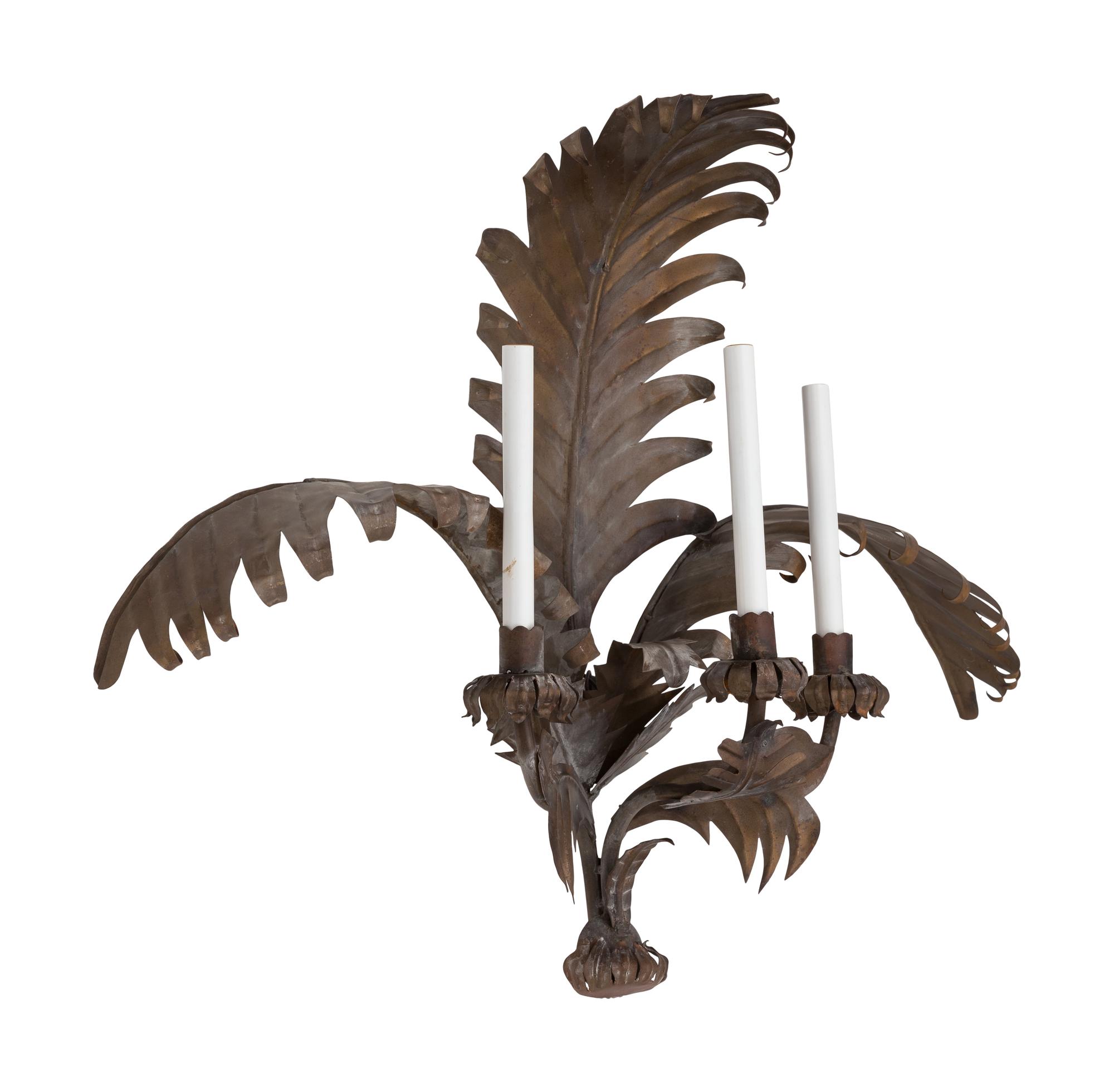 A Pair of Italian Tole Palm Frond Three-Light Sconces