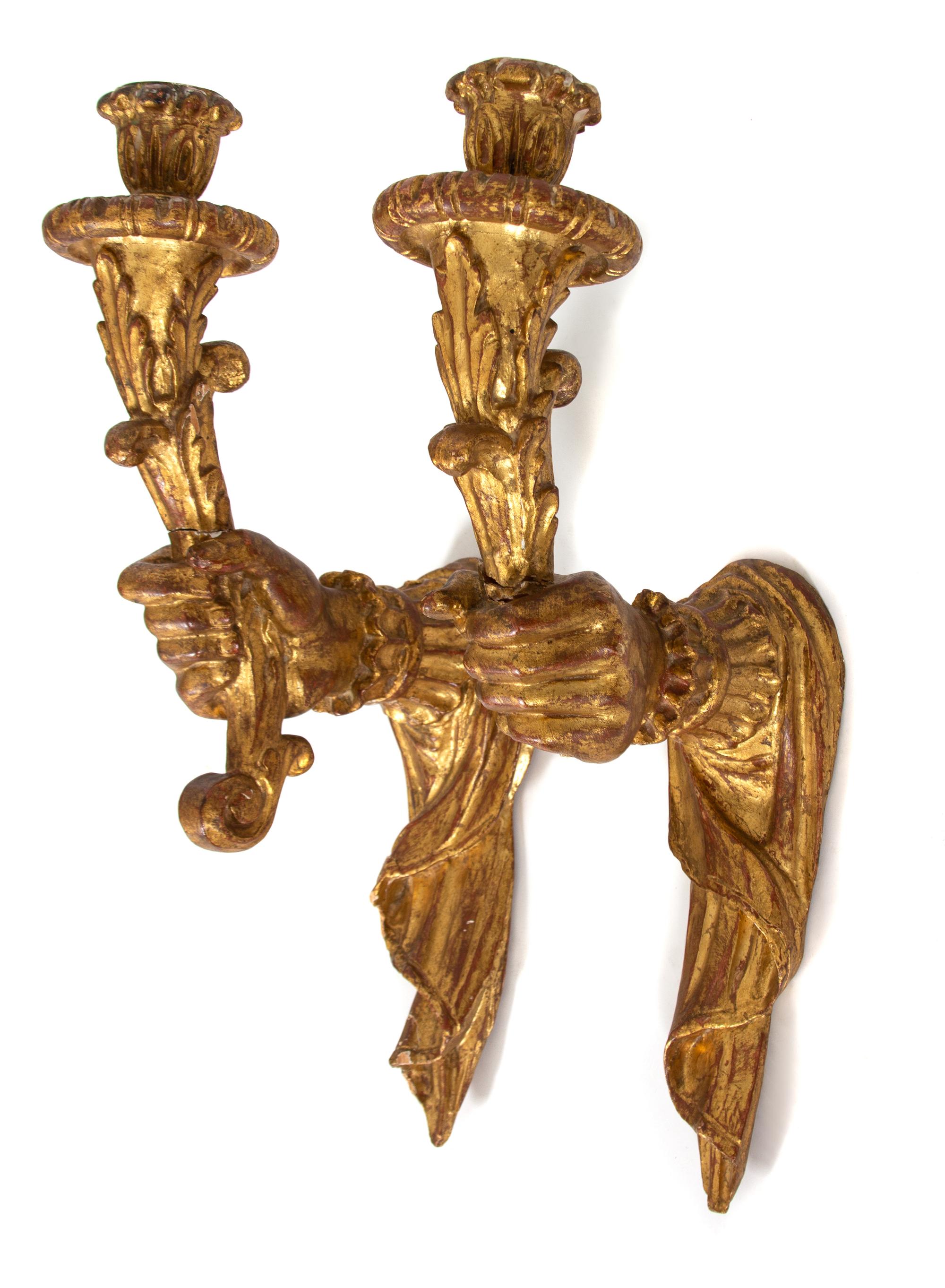 A Pair of Continental Giltwood Sconces Height 19 inches. — LATE 19TH/EARLY 20TH CENTURY