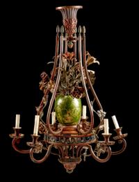 A Continental Polychromed Wrought Iron and Tole Six-Light Chandelier Height 44 x diameter 31 inches.