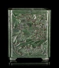 A Carved Spinach Jade 'Landscape' Square Brush Pot