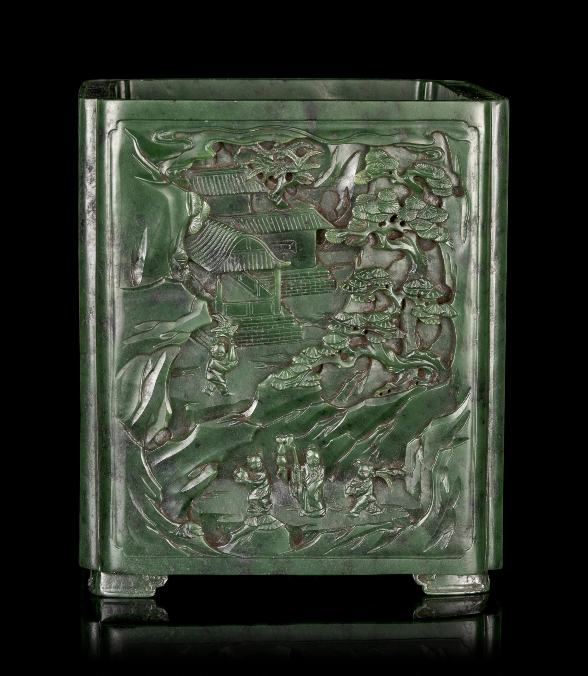 A Carved Spinach Jade 'Landscape' Square Brush Pot