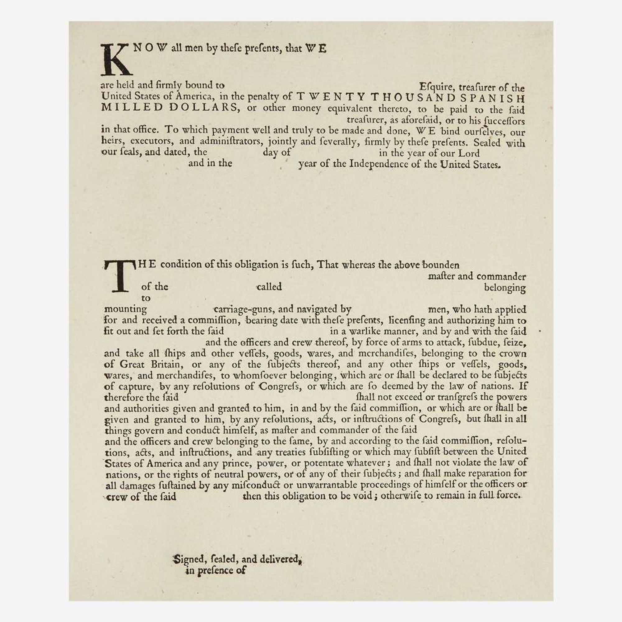 [American Revolution] [Franklin, Benjamin] Printed Privateers Bond Form