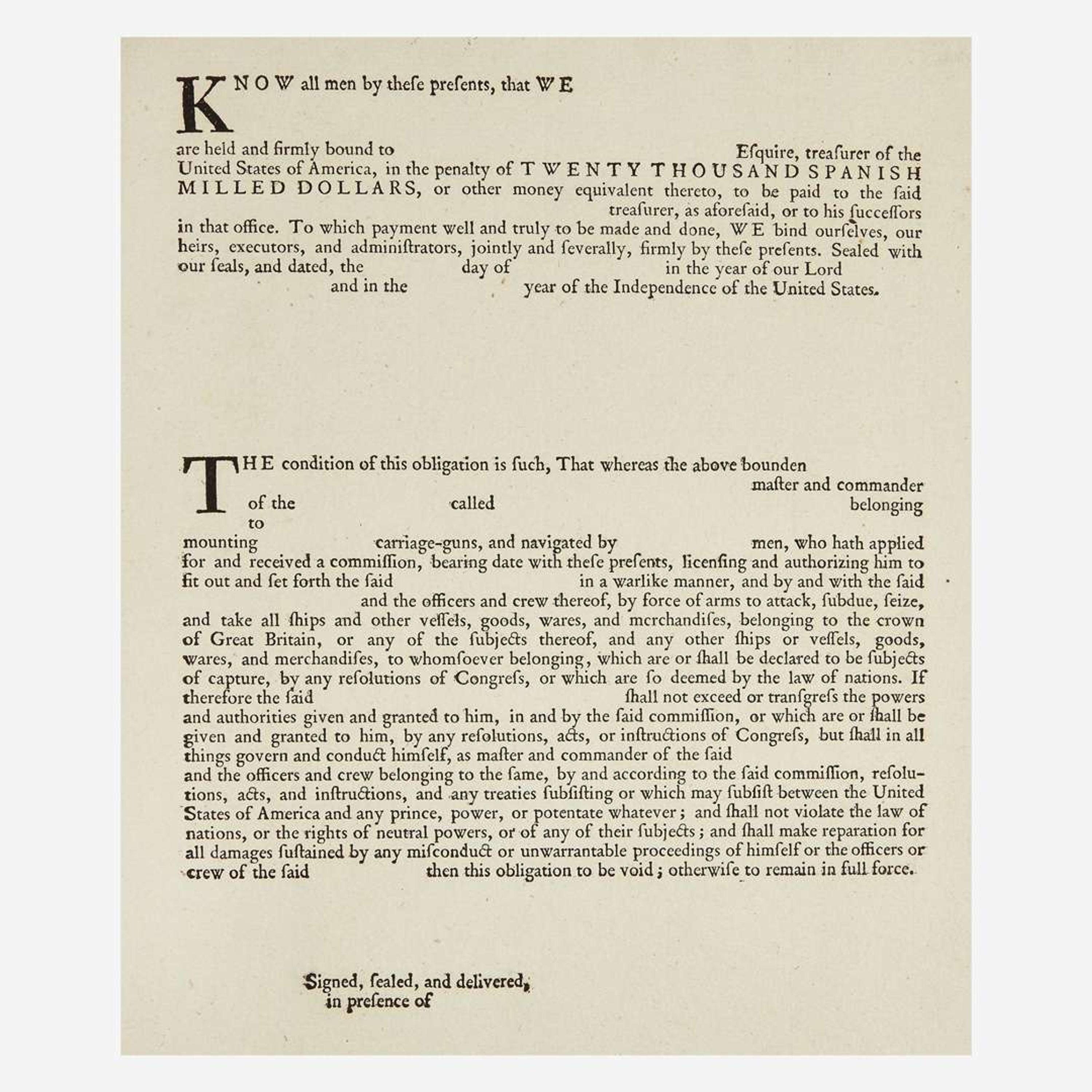 [American Revolution] [Franklin, Benjamin] Printed Privateers Bond Form