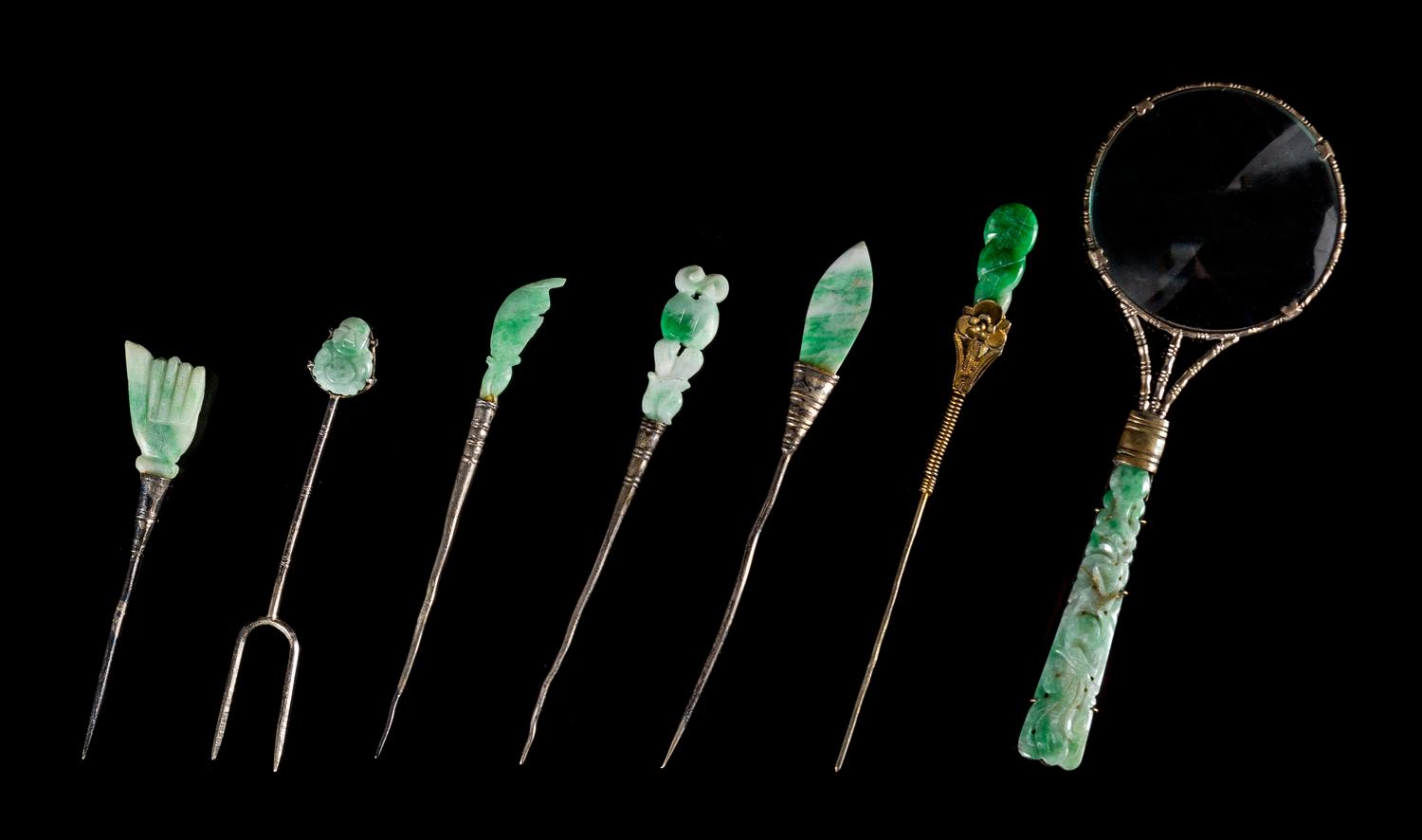 Seven Jadeite Mounted Articles Length of largest 5 1/2 inches. — LATE 19TH/EARLY 20TH CENTURY