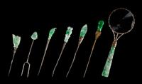 Seven Jadeite Mounted Articles Length of largest 5 1/2 inches. — LATE 19TH/EARLY 20TH CENTURY