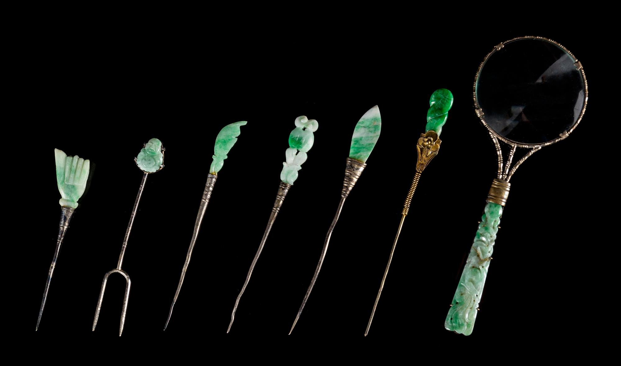 Seven Jadeite Mounted Articles Length of largest 5 1/2 inches. — LATE 19TH/EARLY 20TH CENTURY