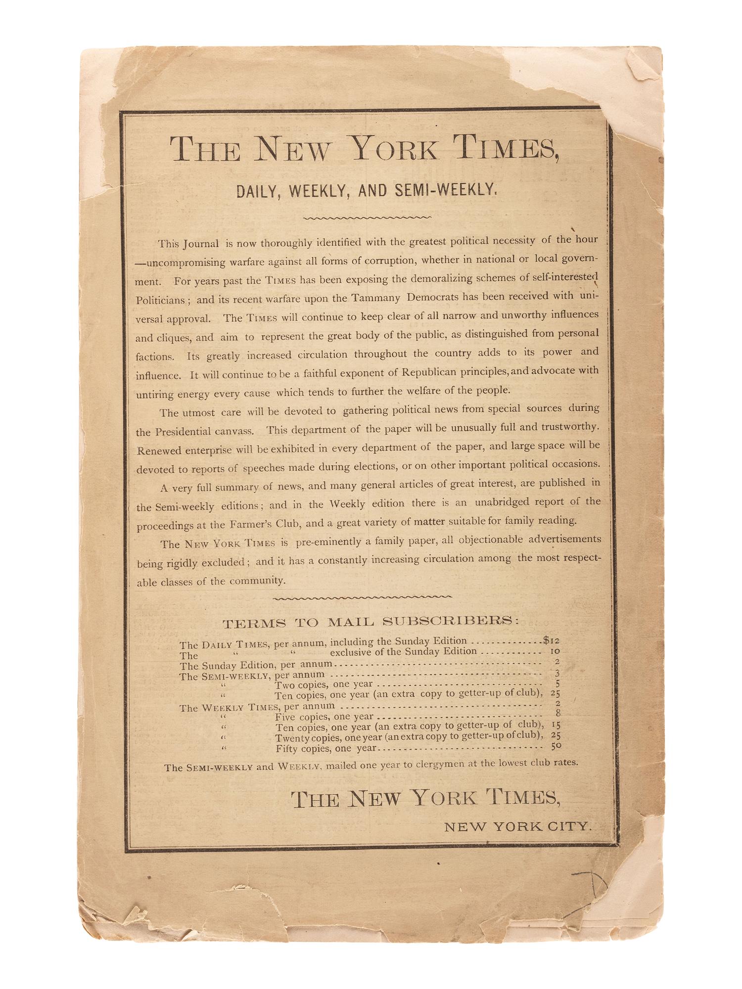 [NEW YORK]. Ephemera related to the state of New York highlighted by a rare copy of an 1871 New York Times investigative report on Boss William M. Tweed and the Tammany Democrats.