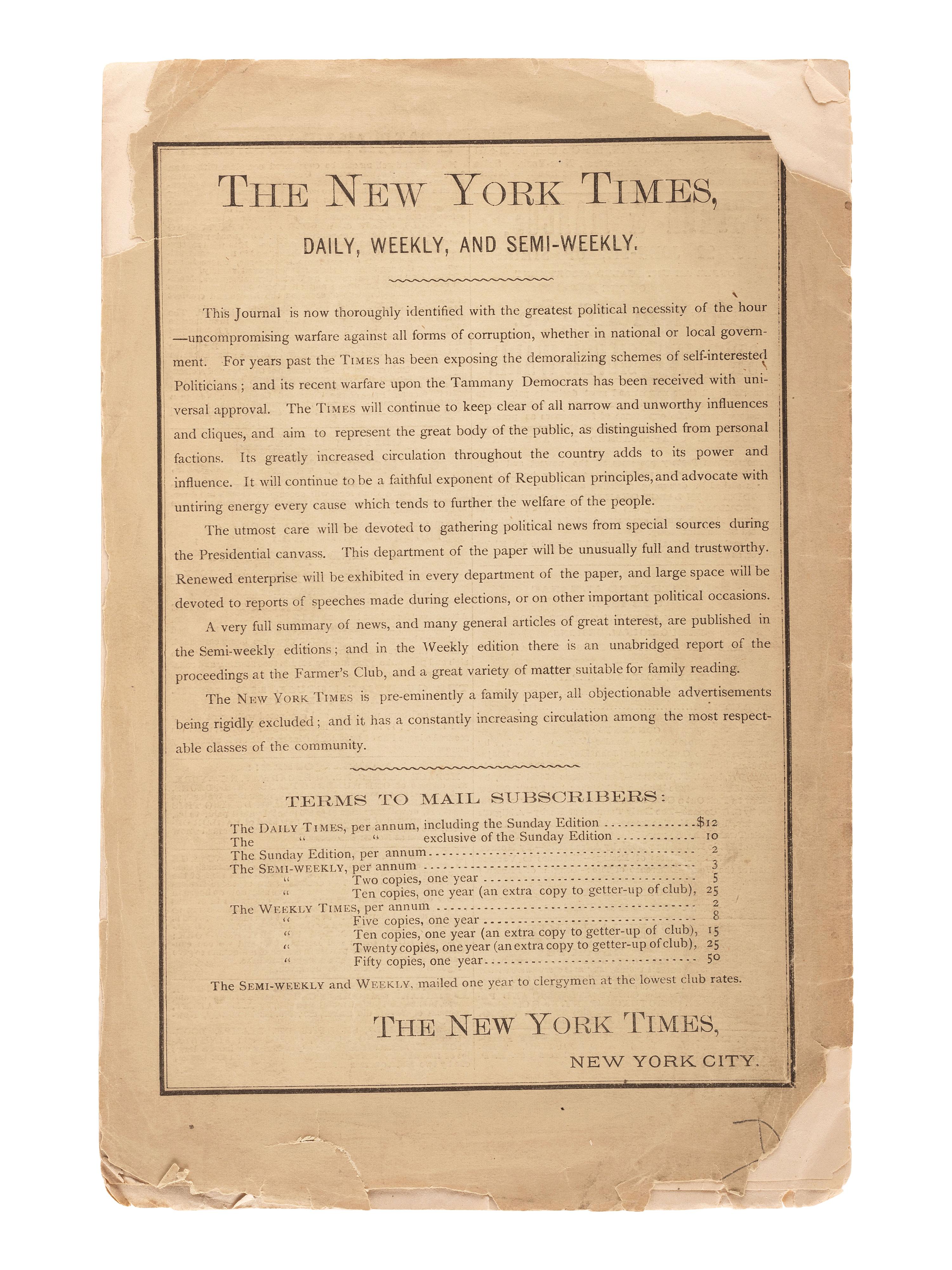 [NEW YORK]. Ephemera related to the state of New York highlighted by a rare copy of an 1871 New York Times investigative report on Boss William M. Tweed and the Tammany Democrats.