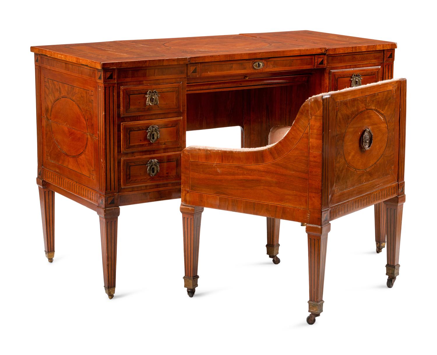 An Italian Walnut and Marquetry Mechanical Dressing Table with an Integrated Chair